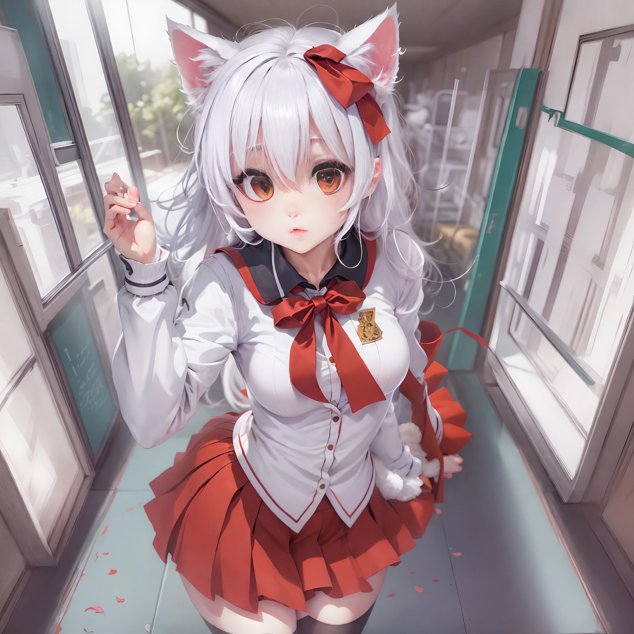 gym storeroom, Koneko Toujou (DXD), 1girl, white cat ears, (classic uniform), white cat tail, school hallway, red skirt, small breasts, black ribbon,, masterpiece, best quality, highly detailed