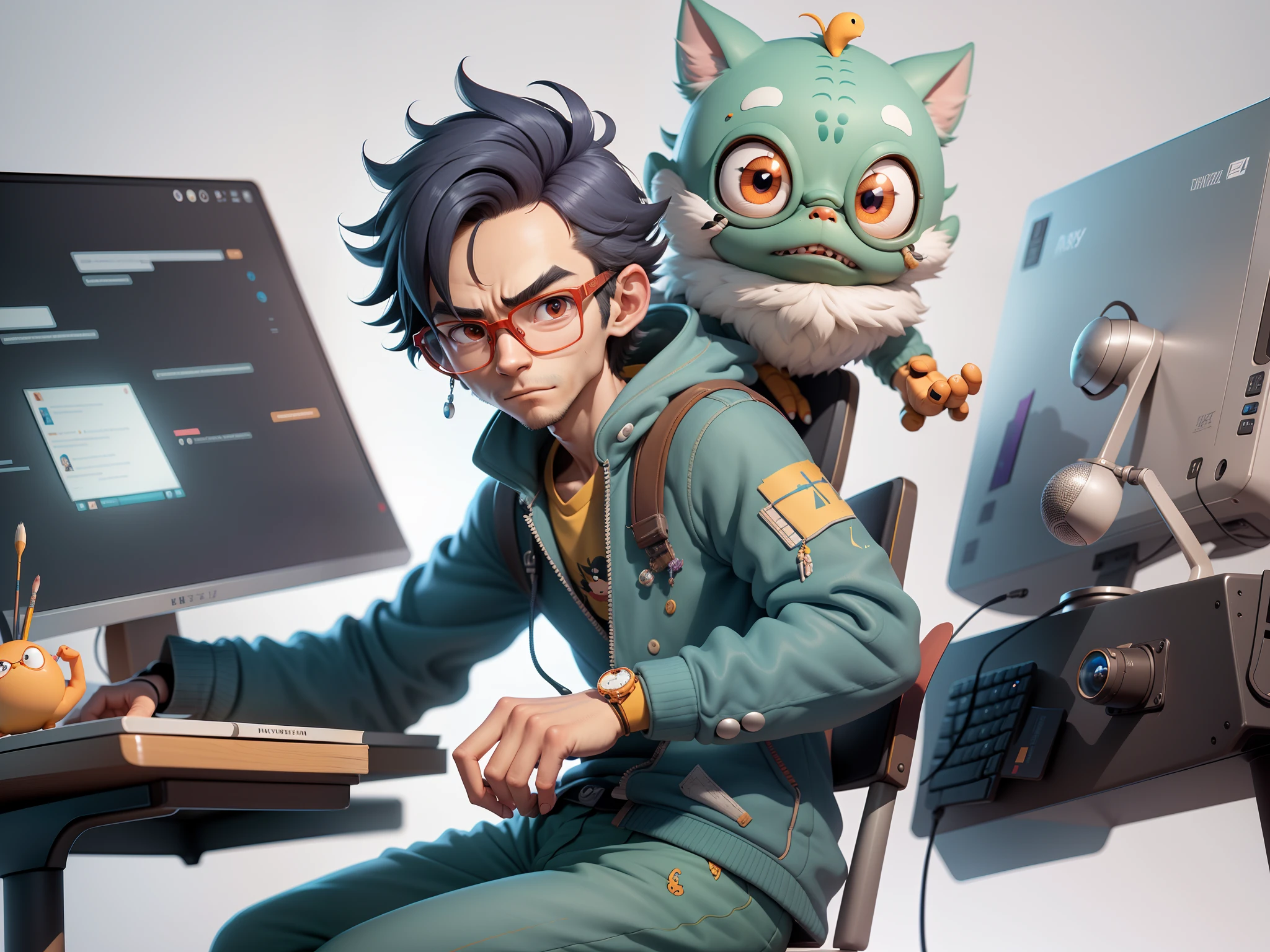 A young man with glasses sits at his desk,holding laptop,digitial painting,3D character design by Mark Clairen and Pixar and Hayao Miyazaki and Akira Toriyama,4K HD illustration,Very detailed facial features and cartoon-style visuals。