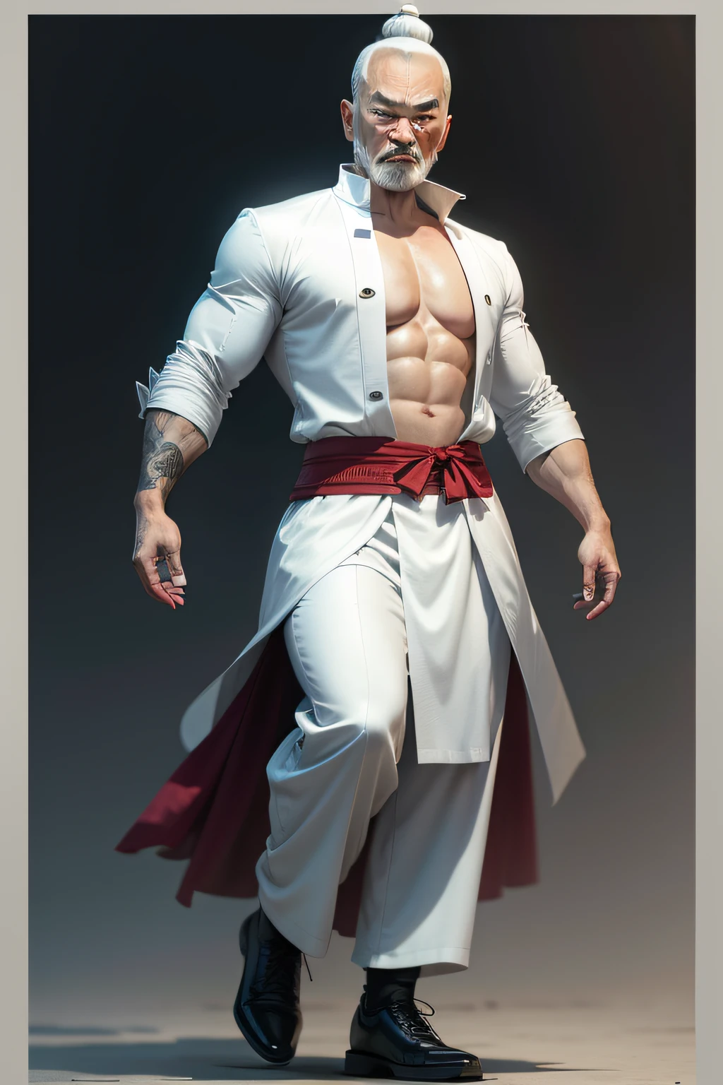 actor Gordon Liu as middle-aged Chinese man with white bun hair, thick, elongated white eyebrows, long white mustache and thin white goatee. Full body. Cinematic, hyper realistic