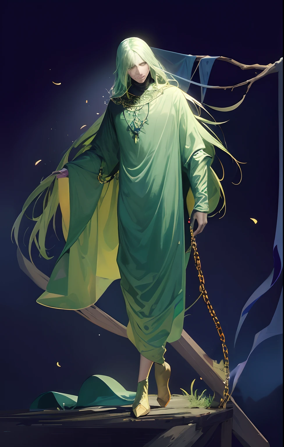 a painting of a man with a long green cloak and a chain, ghostly necromancer, ghost of the fire spirit, ghostly form, dark cloaked necromancer, ghostly figure, inspired by Johann Kaspar Füssli, hastur the king in yellow, shadowy and eerie character, wraith, undead mage, godrays digital painting, realistic, 8k
