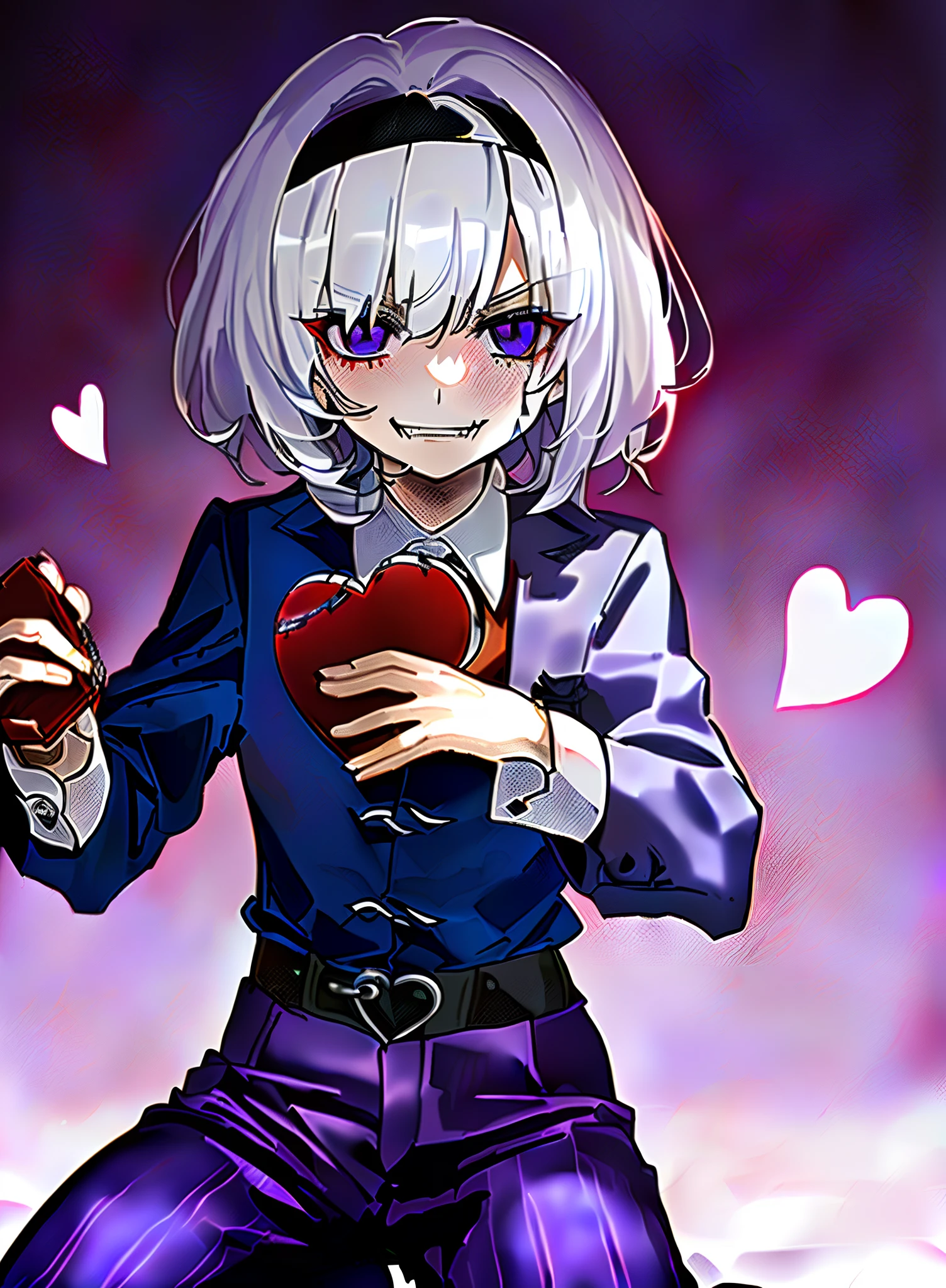 Sharp teeth,Gloomy face,evilsmile,morbid,Blood,with short white hair,Black headband,Red vest,blue-shirt,Sleeve over hand,Black eyes,Purple trousers,Hold the diary,Kneeling,love heart,red necktie,ropes,Knife on the ground,Blood stains on the ground,