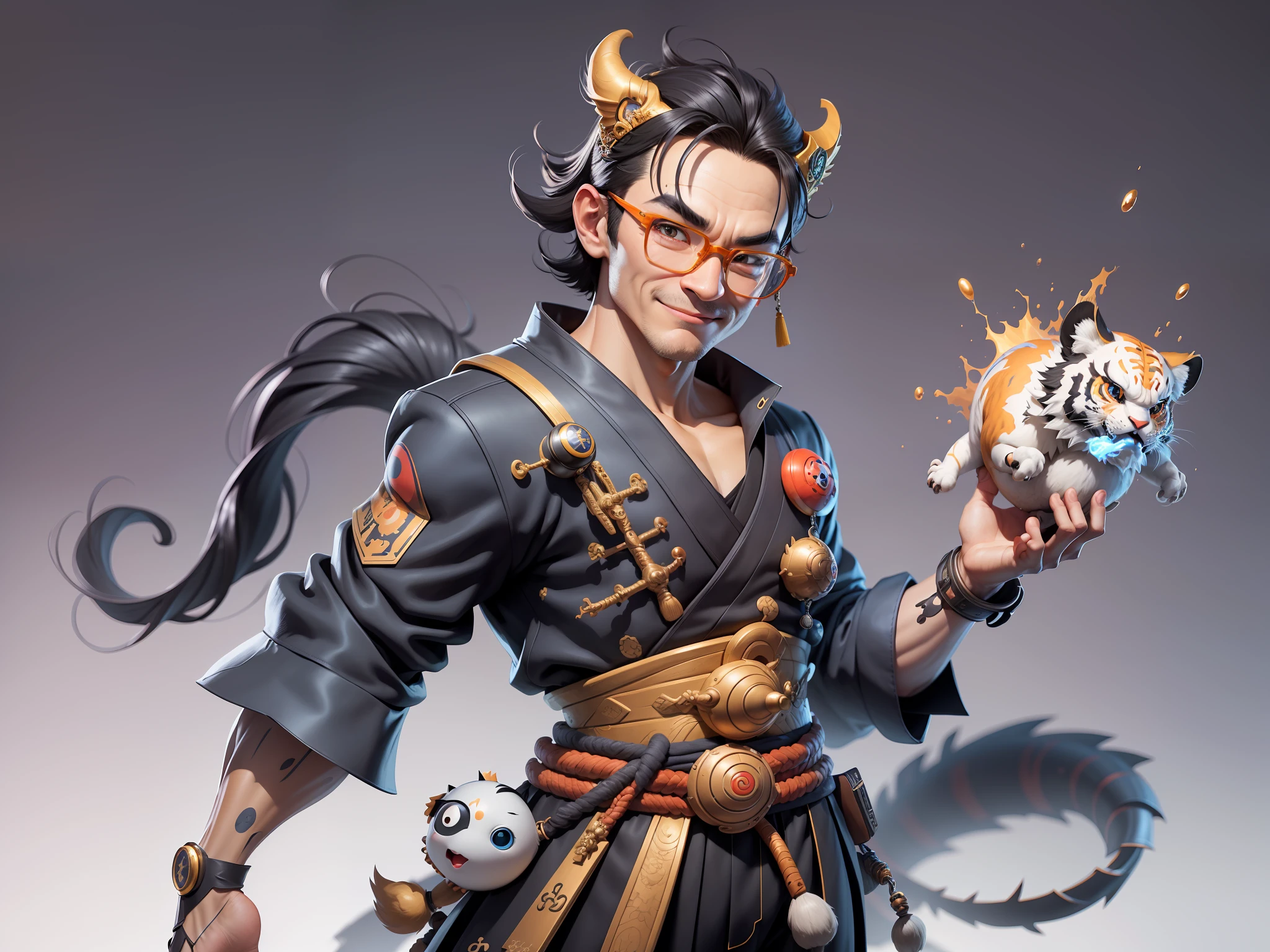 (Masterpiece), (Excellent), (Super Meticulous), (Full Body: 1.2), Super Young Man with Japanese Female Geisha, Pretty, Beautiful, Chinese Dragon, Tiger, Wind God Thor, Sexy, Bursting, Oriental Face, TV Anchor, Bust Portrait Illustration, Black Suit, Blue Tie, Slightly Chubby Face, Silver Glasses, Very Clean Face, No Beard on Chin, Black Super Short Hair, Black Eyes, Confident Smile, 3c Computer Sub-Products, iPad, iPhone, Digital Painting, 3D character design by Mark Clairedon and Pixar and Hayao Miyazaki and Akira Toriyama, the illustrations are HD illustrations in 4K resolution with highly detailed facial features and cartoon-style visuals.