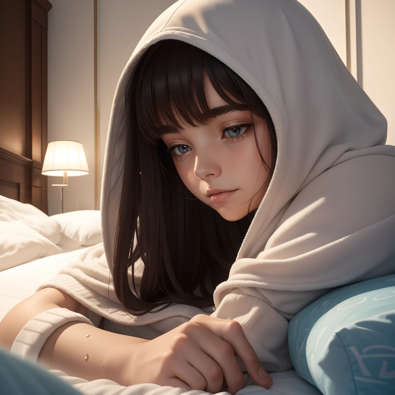 A 17-year-old girl is lying in her bed, em seu quarto aconchegante, durante uma noite chuvosa. Ela usa fones de ouvido, enjoying your favorite music while relaxing. A hood covers his head, providing a sense of comfort and privacy. The scene is captured in 8K high definition quality, destacando cada detalhe, From her wet strands of hair to the quiet expression on her face.