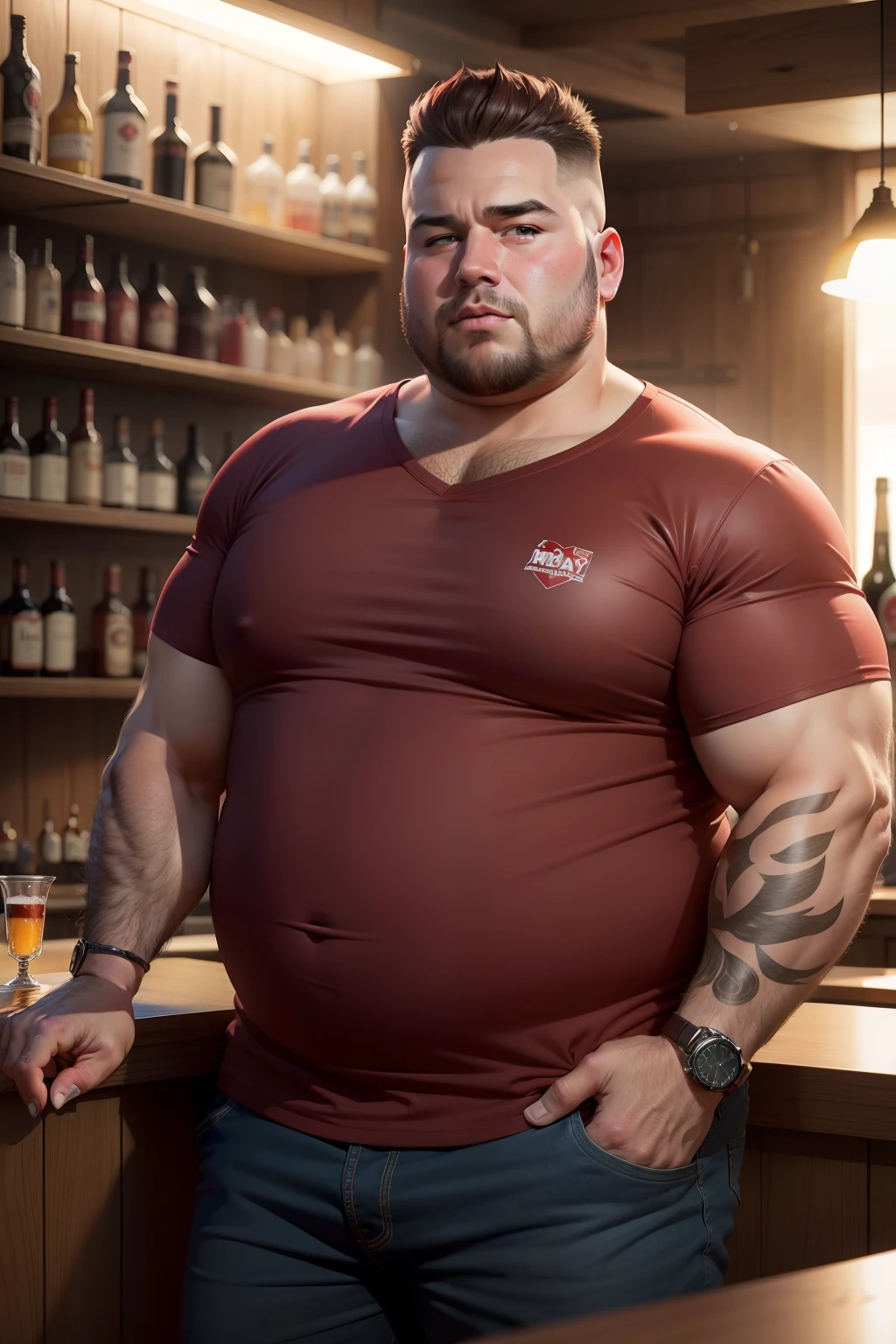 Make a man obese This man must be wearing red clothes. Ele deve estar dentro de um bar bebendo cerveja Foto ultra realista, qualidade 8k, fullhd