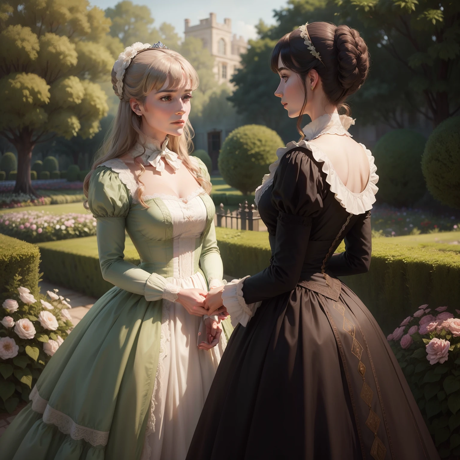 old noble snobbish lady Catherine de Bourgh scolds ELizabeth Bennet in the garden, pride and prejudice novel by Jane Austen, Regency time, beautiful, highly detailed, lots of details
