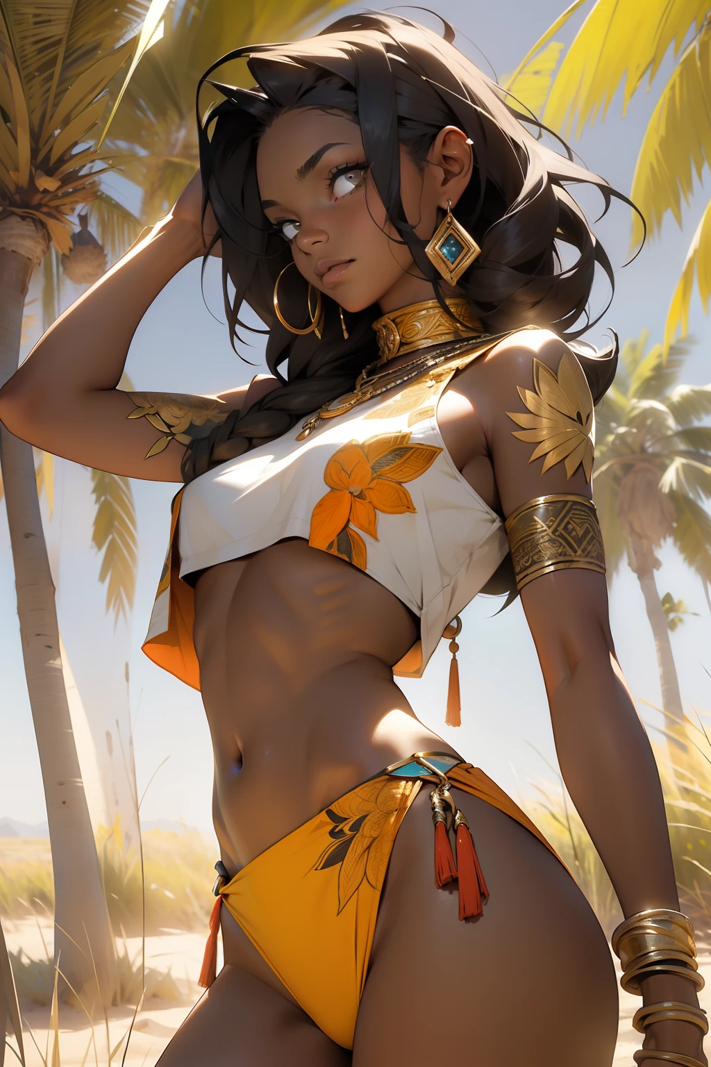 (((absurdres))), (((melhor qualidade))), (((obra prima))), (((Fantastic Art))), mulher africana de 35 anos musculosa, guerreira Zulu, seios grandes, decote enorme, pinturas de guerra pelo corpo, corpo perfeito e proporcional, Black-skinned savanna warrior wearing very few clothes and many necklaces and body adornments, Tiny bikini made of African beads, holding a spear and walking across the savannah, dry vegetation, muito calor, she is sweaty and her black skin glows under the scorching sun of Africa ((melhor qualidade)), ((obra-prima)), ((realista)), (detalhado), branco luminoso reflexivo: 1.5, textura vermelho brilhante: 1.3, 1bela mulher cabelo preto uma tatuagem colorida de ninfa borboleta indicada para mulheres