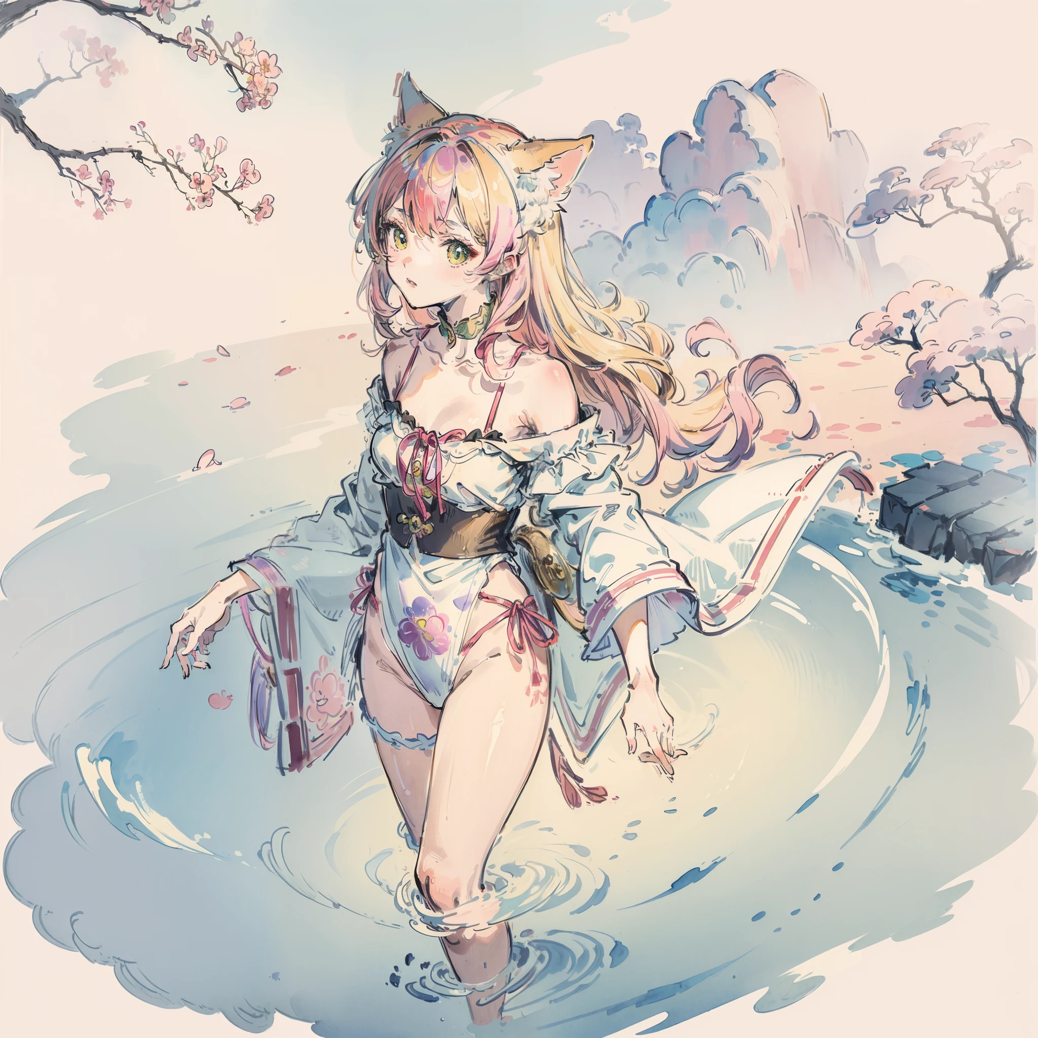 Cat((Take a cute cat 1.2))、I have a cat（Cute Cat 1.２）、Cute as a dream、(​masterpiece、top-quality、top-quality、watercolor paiting(Curly)、Take a cute cat、Official art、Beautifully Aesthetic:1.2)、(a beauty girl:1.3)、patterns、pinkhair(rainbow-colored hair、colourful hair:1.2)、swimming pools、Cute swimsuit、masutepiece, ccurate, Anatomically correct, Textured skin, Super Detail, high details, High quality, awardwinning, Best Quality, hight resolution