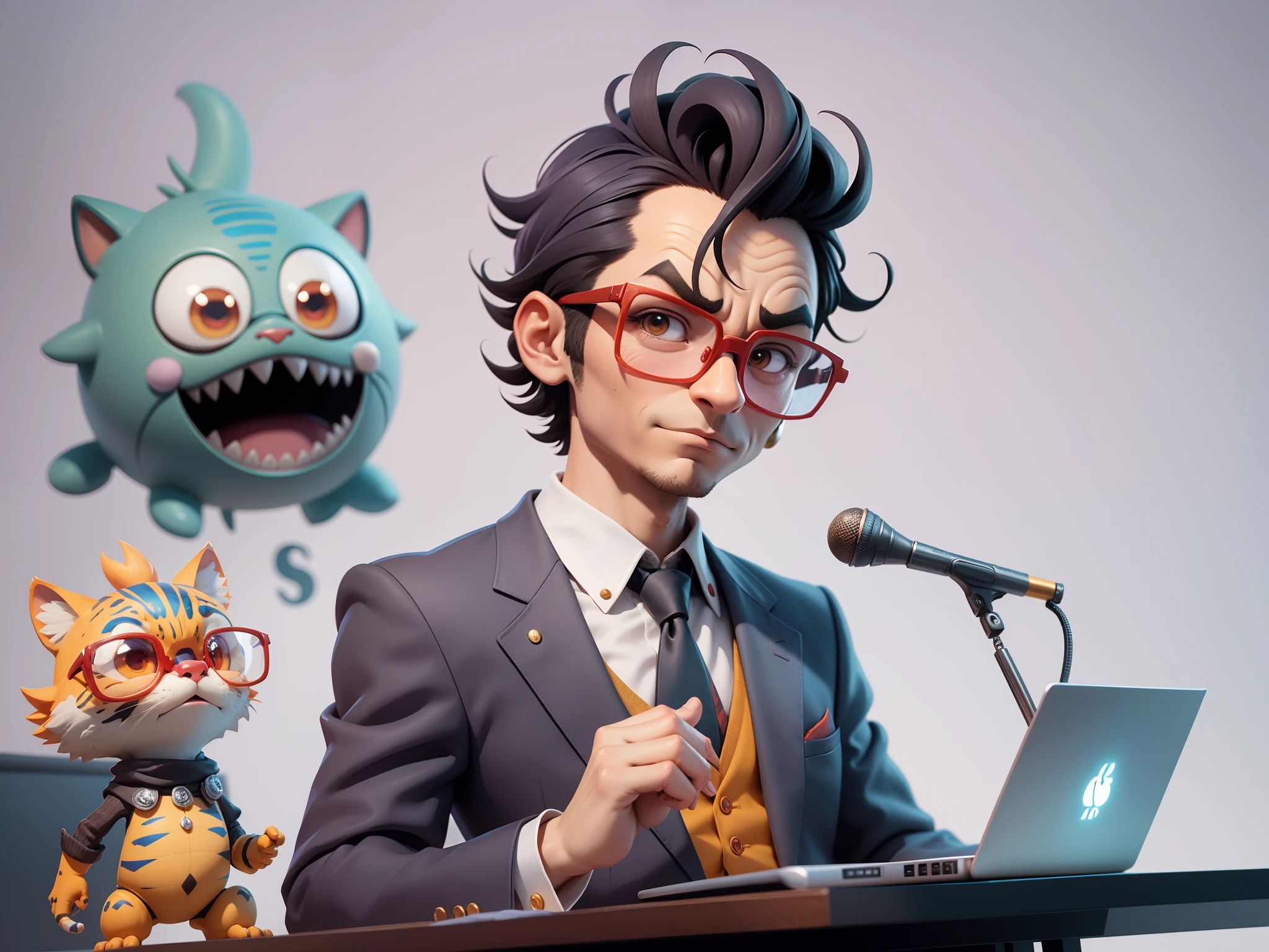 A young man in a suit, Short hair and glasses sat at his desk,holding laptop,digitial painting,tigre,3D character design by Mark Clairen and Pixar and Hayao Miyazaki and Akira Toriyama,4K HD illustration,Very detailed facial features and cartoon-style visuals。