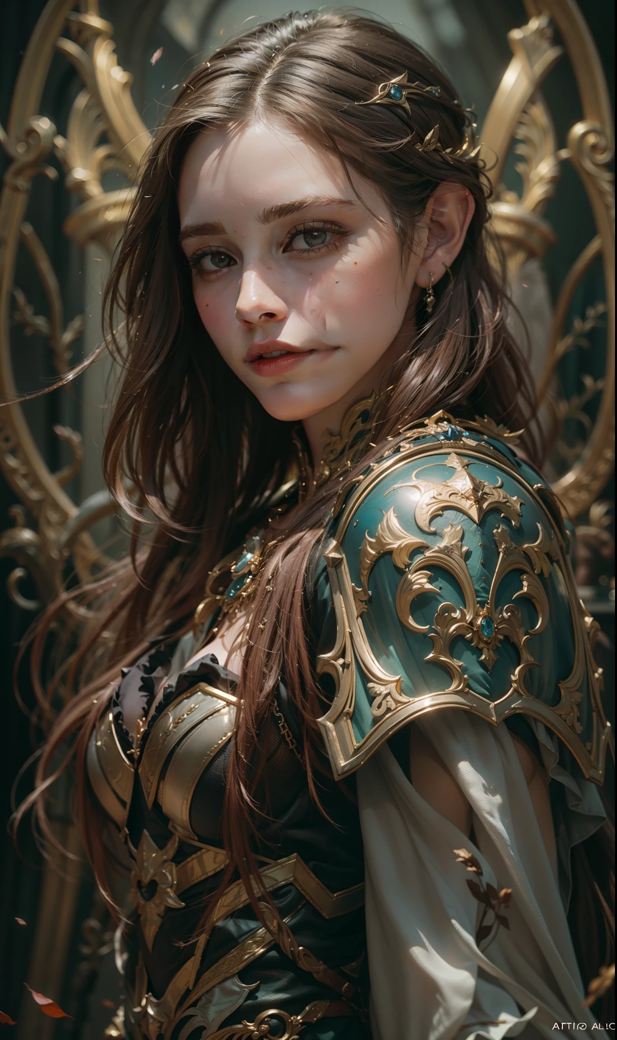 Beautiful painting of Emma Watson as perfect female elf warrior, shapeless long hair, perfect features, (wearing extremely baroque elven armor), abstract beauty, near perfection, pure form, dynamic pose, ethereal background, (deep dark shadows), (strong cinematic lighting), (back lighting), concept art by Greg Rutkowski and John William Waterhouse and Alphonse Mucha, stunning details, intricate details, 8k post-production, High resolution, super details, trending on ArtStation, sharp focus, depth of field f/1.8, studio photos, (((looking at camera))).