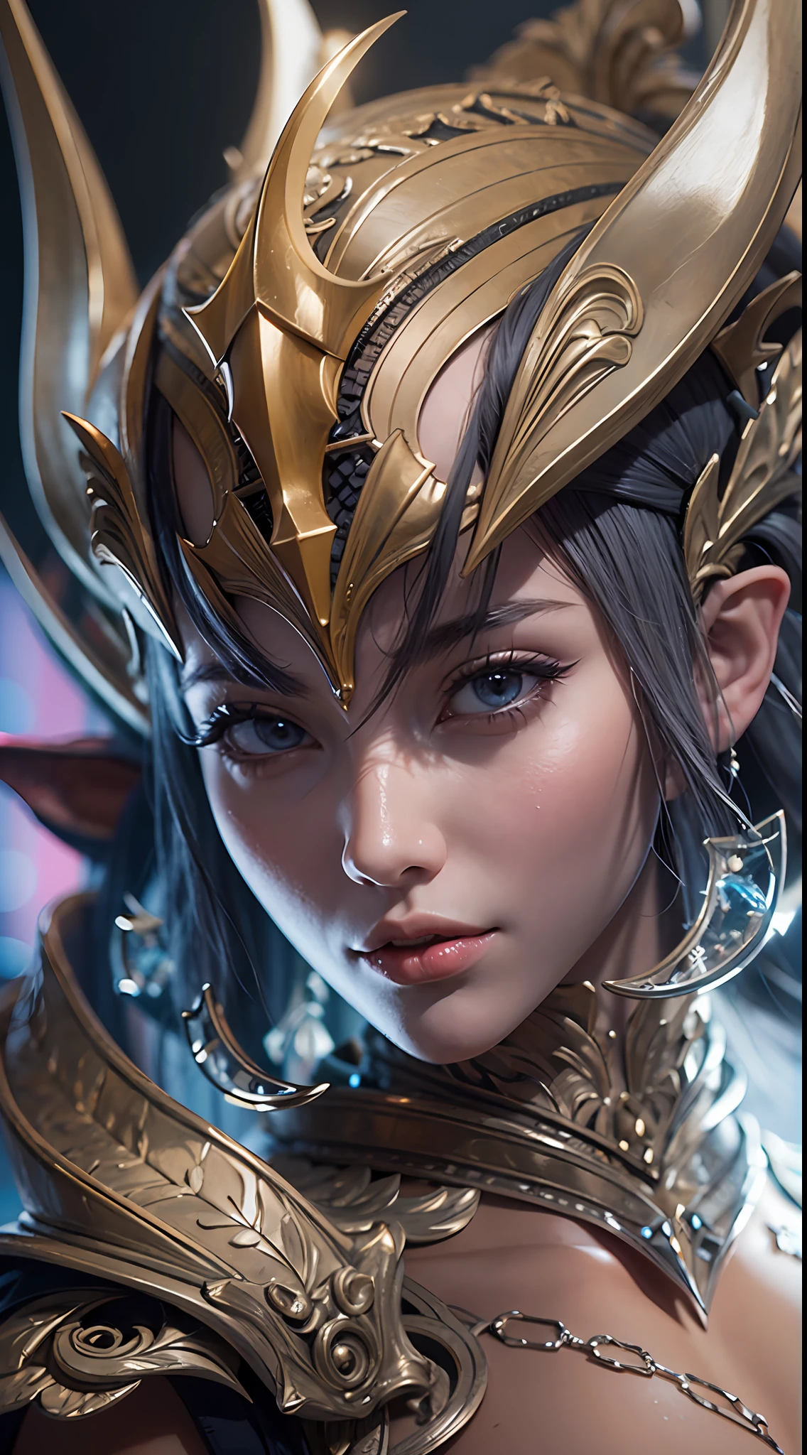 Close-up de uma garota com uma espada, personagem de fantasia ultra-detalhado, intrincado lindo estilo CGI anime, female demon suitable for white horns, fantasia de detalhe 4K, Iconic character of high detail, handsome biomechanical elf, personagem de fantasia complexa, High detail and very sharp and intricate art. octan render, 3D rendering 8K character art, deserto