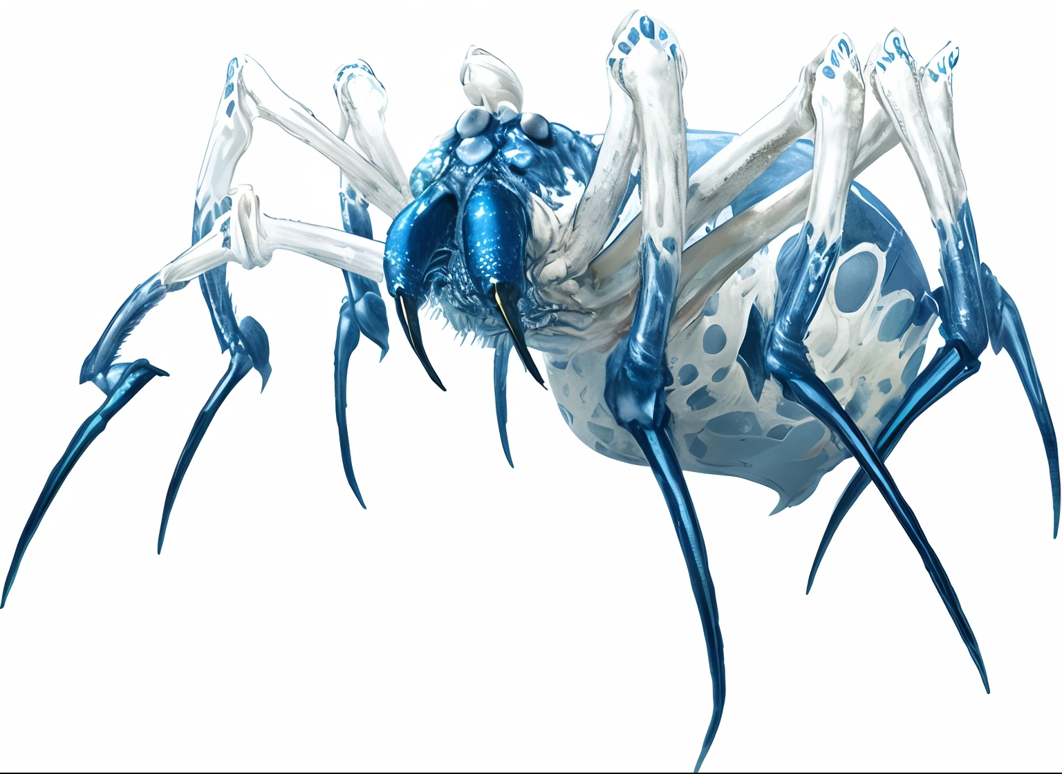 there is a blue and white spider with a skull on it, lolth, tiger - crab creature, elephant - crab creature, bioluminiscent creature, arachnid, hermit crab titan, from pathfinder, lovecraftian sea creature, ghostshrimp, deep sea creature, ocean giant creature bloop, anthropomorphic crab, an ugly giant spider, realistic, 8k