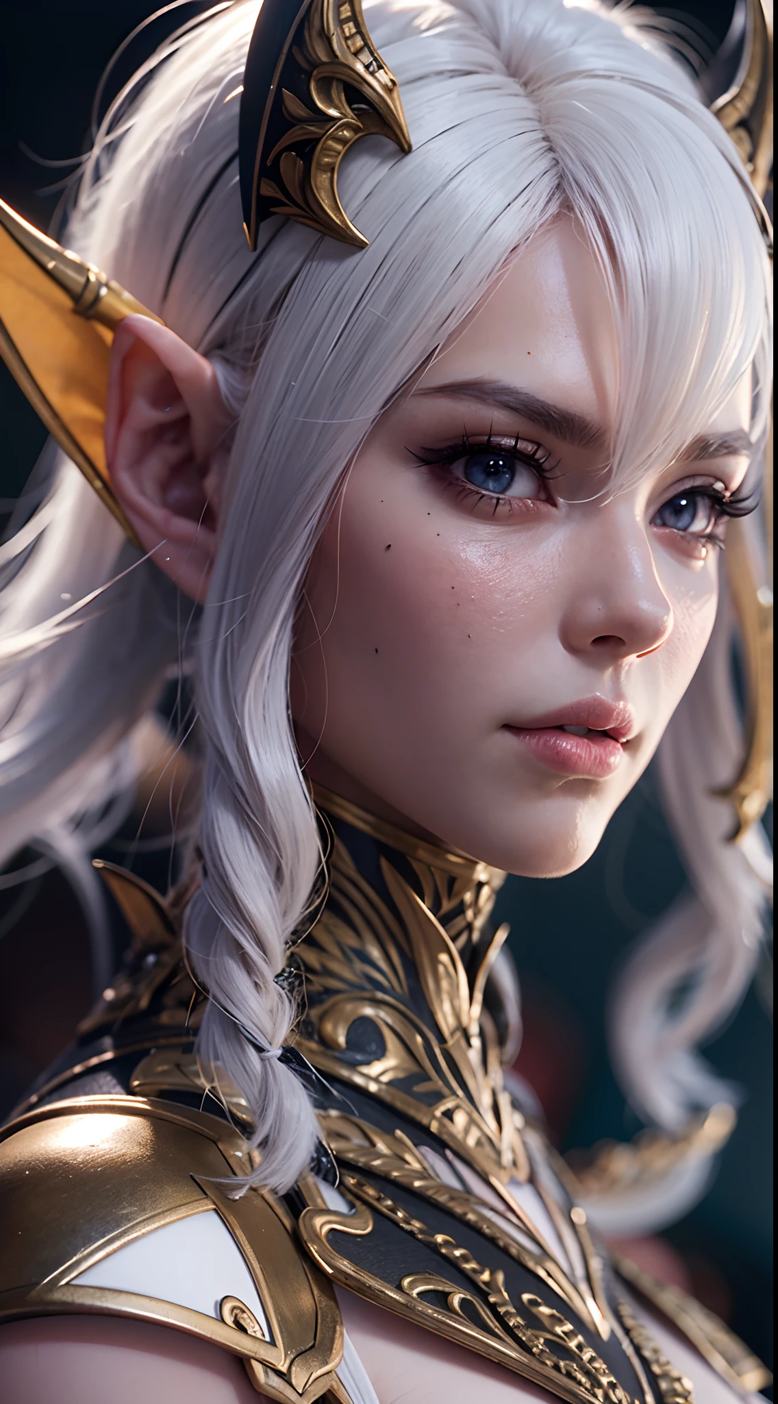 Close-up de uma garota com uma espada, personagem de fantasia ultra-detalhado, intrincado lindo estilo CGI anime, female demon suitable for white horns, fantasia de detalhe 4K, Iconic character of high detail, handsome biomechanical elf, personagem de fantasia complexa, High detail and very sharp and intricate art. octan render, 3D rendering 8K character art, deserto