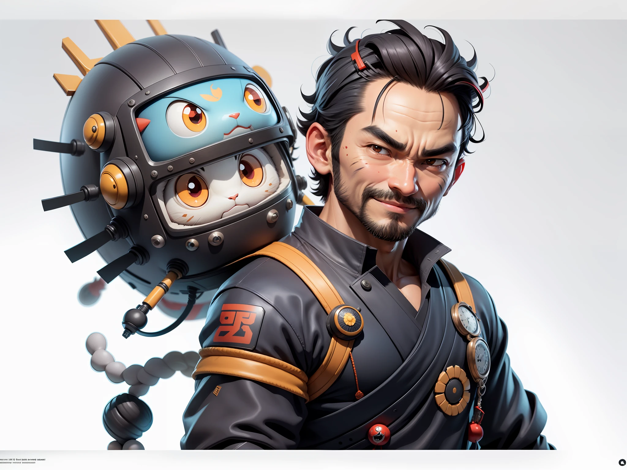 (Daisaku),(Need),(Super meticulous),(full bodyesbian:1.2),Super young man with Japanese geisha，Beautiful，orient，one tiger，Aeolian Thor，Raised sexy，爆乳，Oriental face，TV Anchor，Bust portrait illustration，In black suit，a blue tie，The face is slightly chubby，The face was clean，without a beard，Black super short hair，Black eyes，Smile confidently，3C computer sub-products，iPad， iphone，Digital painting，3D character design by Mark Clairen and Pixar and Hayao Miyazaki and Akira Toriyama，The illustration is a high-definition illustration in 4K resolution，With very detailed facial features and cartoon-style visuals。