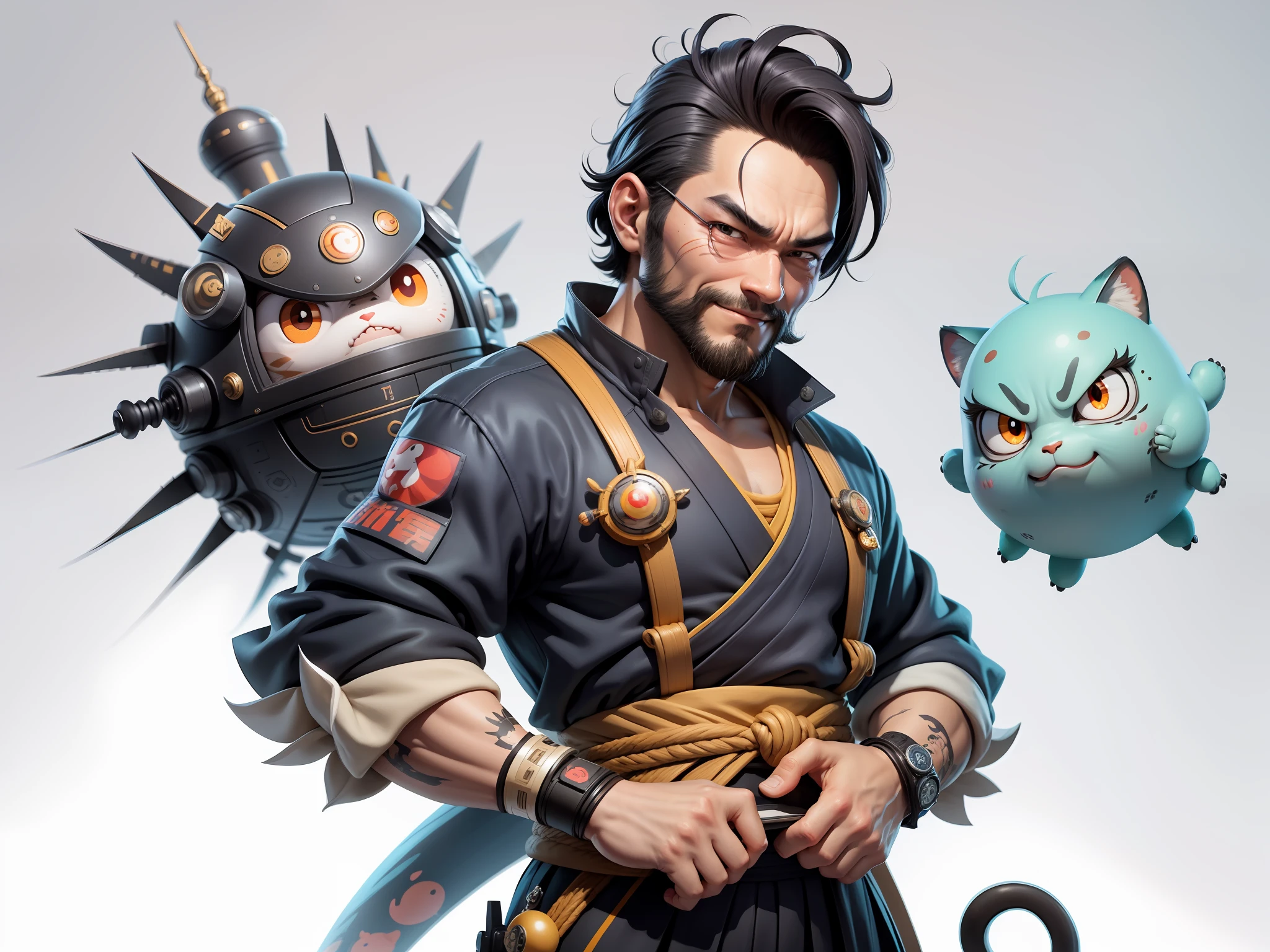 (Daisaku),(Need),(Super meticulous),(full bodyesbian:1.2),Super young man with Japanese geisha,Beautiful,orient,one tiger,Aeolian Thor,Raised sexy,爆乳,Oriental face,TV Anchor,Bust portrait illustration,In black suit,a blue tie,The face is slightly chubby,The face was clean,without a beard,Black super short hair,Black eyes,Smile confidently,3C computer sub-products,iPad, iphone,Digital painting,3D character design by Mark Clairen and Pixar and Hayao Miyazaki and Akira Toriyama,The illustration is a high-definition illustration in 4K resolution,With very detailed facial features and cartoon-style visuals。
