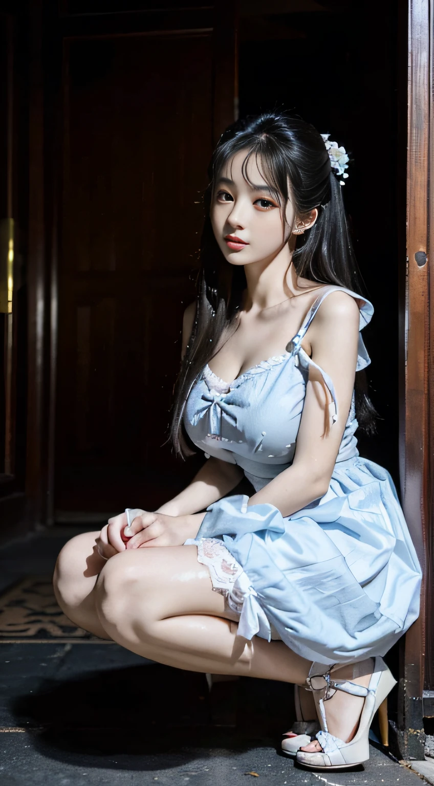 Master quality, highest quality, best picture quality, exaggerated details, goddess of moonlight cute 8 year old asian  with a shy expression, slightly squinted eyes, adjusting her hair, long eyelashes (long hair / very, very exaggerated big breasts, big tits / in  petticoat dress tissue,  ), posing sit in front of the camera, wet breast hanfu  open v chest clothes, full body xianxia, high heel diamond, erotic, lolita , oume