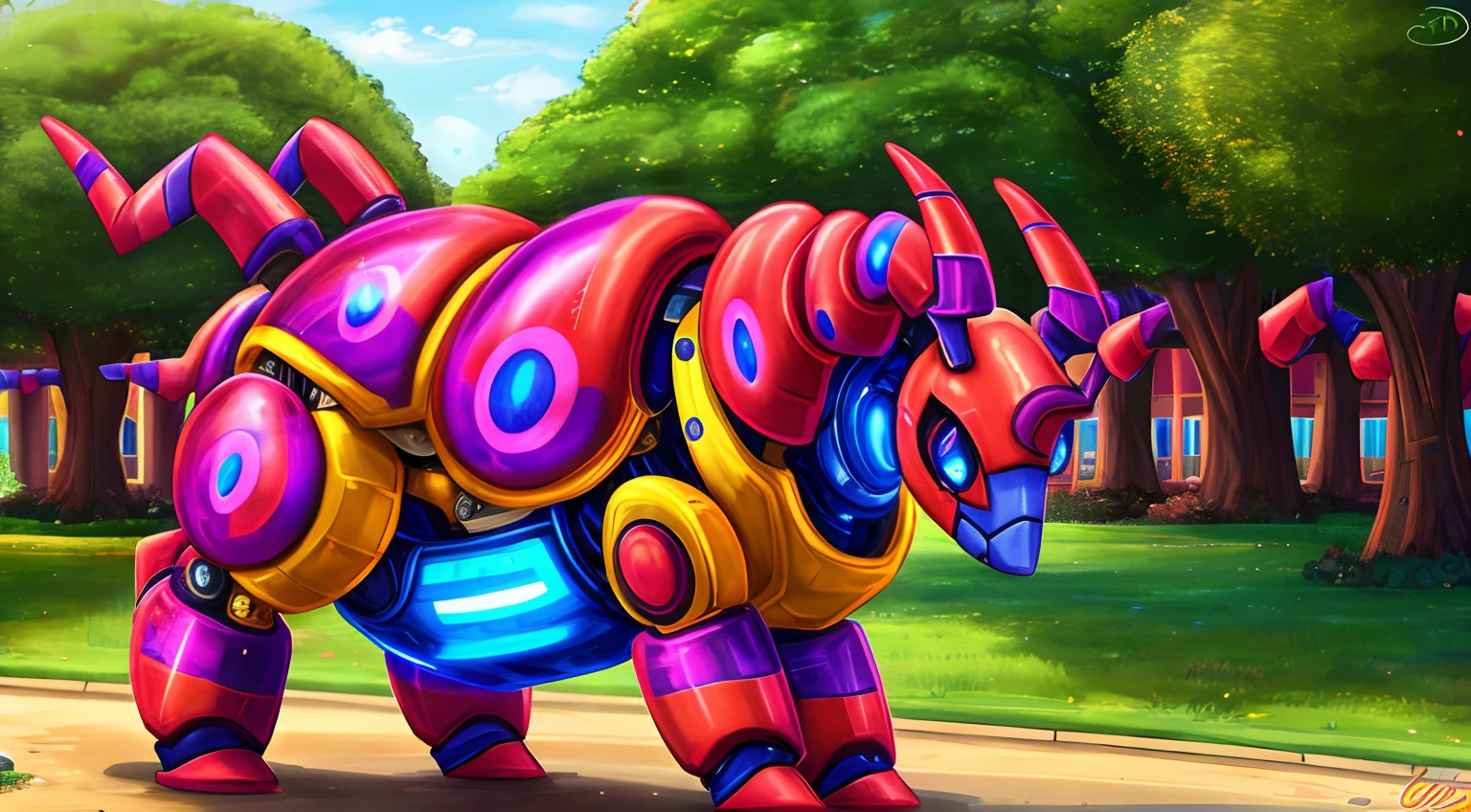 Scolipede ,obra maestra,mejor calidad,estilo de arte de dimwitdog ,robot maquina,metalico,shiny skin,metallic, mechanical,pokemon,cute pose,cheerful, smile,black sclera, blue eyes, shiny skin,feral, femenine,park,robot face,