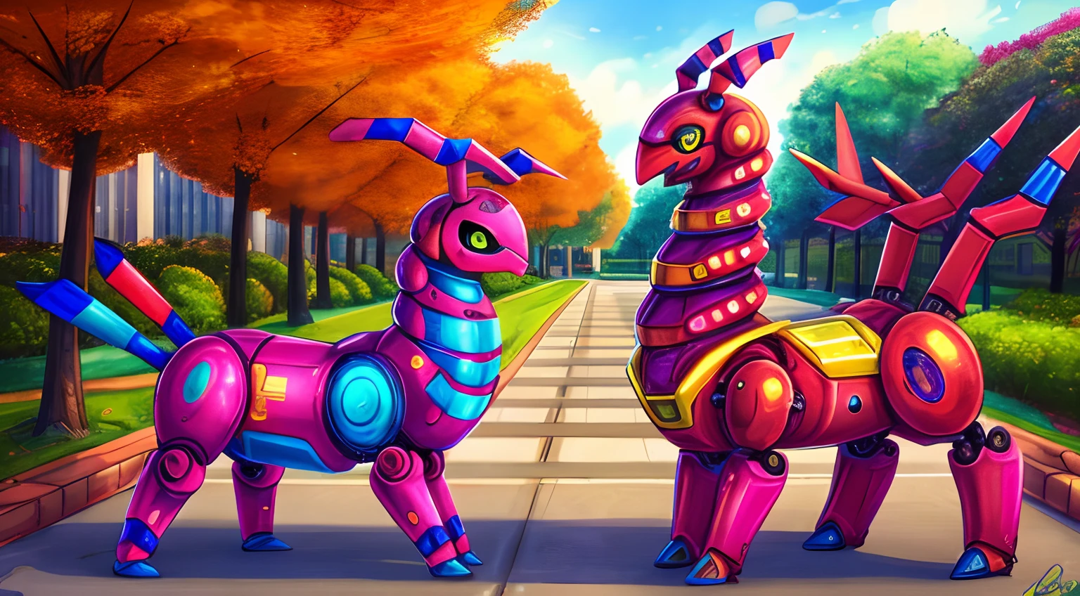 Scolipede ,obra maestra,mejor calidad,estilo de arte de dimwitdog ,robot maquina,metalico,shiny skin,metallic, mechanical,pokemon,cute pose,cheerful, smile,black sclera, blue eyes, shiny skin,feral, femenine,park,robot face,