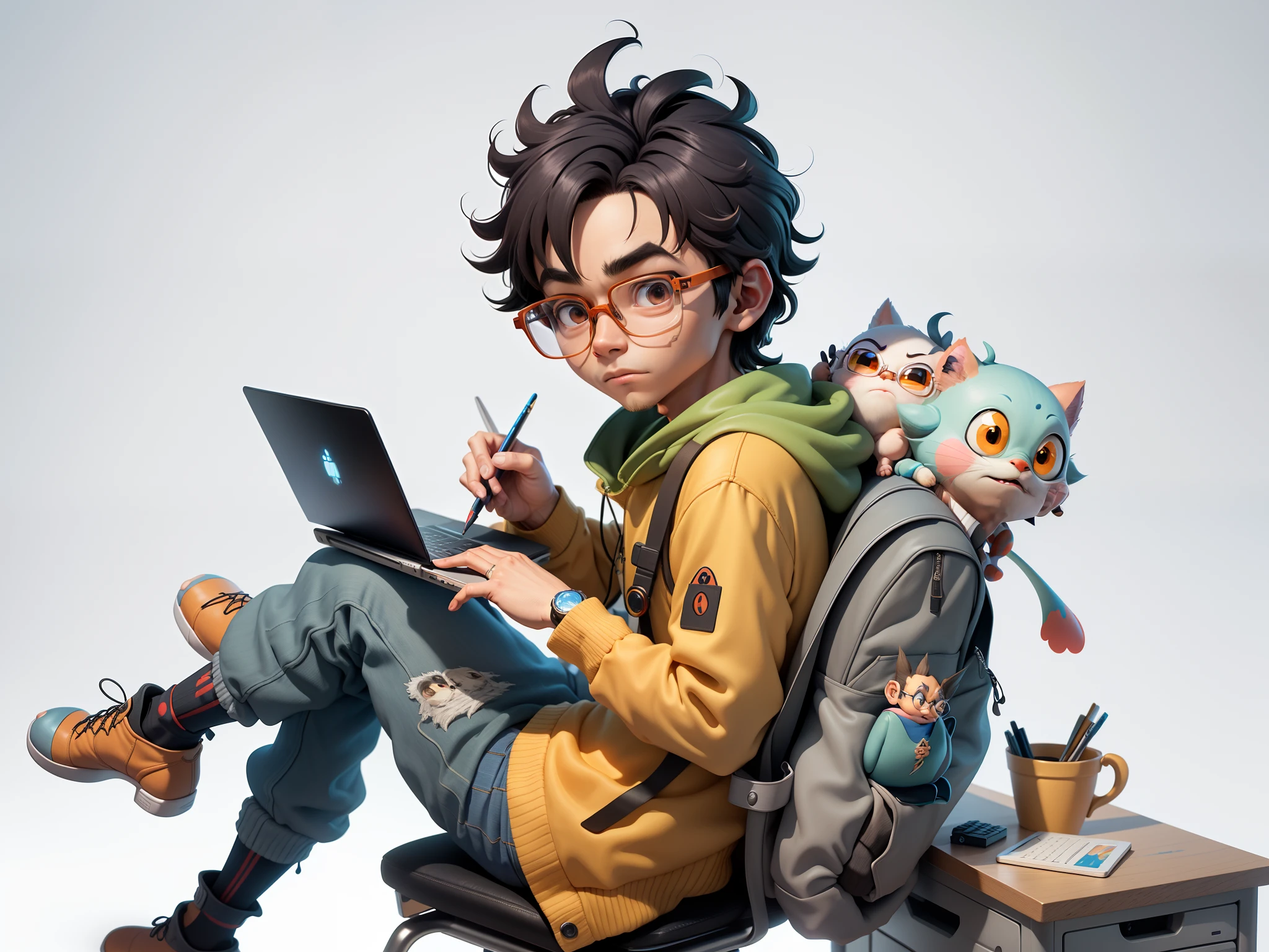 A young man with glasses sits at his desk，holding laptop，digitial painting，3D character design by Mark Clairen and Pixar and Hayao Miyazaki and Akira Toriyama，4K HD illustration，Very detailed facial features and cartoon-style visuals。