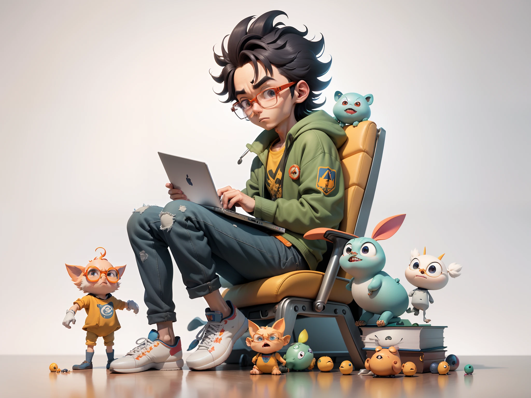 A young man with glasses sits at his desk，holding laptop，digitial painting，3D character design by Mark Clairen and Pixar and Hayao Miyazaki and Akira Toriyama，4K HD illustration，Very detailed facial features and cartoon-style visuals。