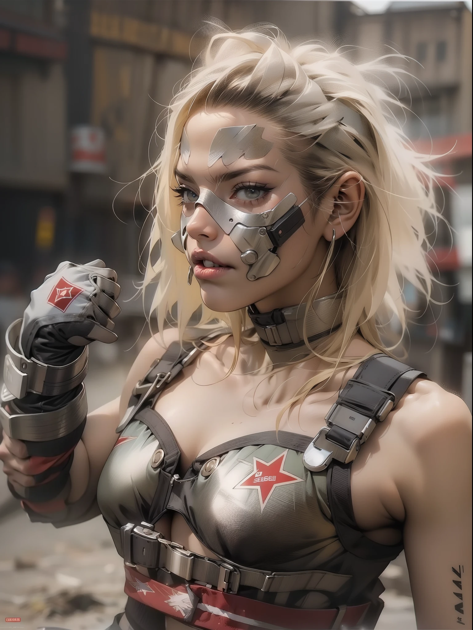 (((female))), (((best quality))), (((master part))), (((adulto))), A 35-year-old warrior woman with perfect body celebrating her victory, Gladiadores do Brooklyn, hand with steel gloves and metal tips, Steel hand protection, sorrindo, (( sob os peitos )), (( Tiny floss )), quase nu no estilo urbano selvagem de Simon Bisley para o 2000 A.d. capa de revista, blonde hair, Minimum clothing, armadura (clothes made from the flag of the Soviet Union ), cheio de pontas e rebites enferrujados, Tatuagem de estrela de 5 pontas, (((corpo inteiro))), cabelo preto curto com franja branca cobrindo a testa