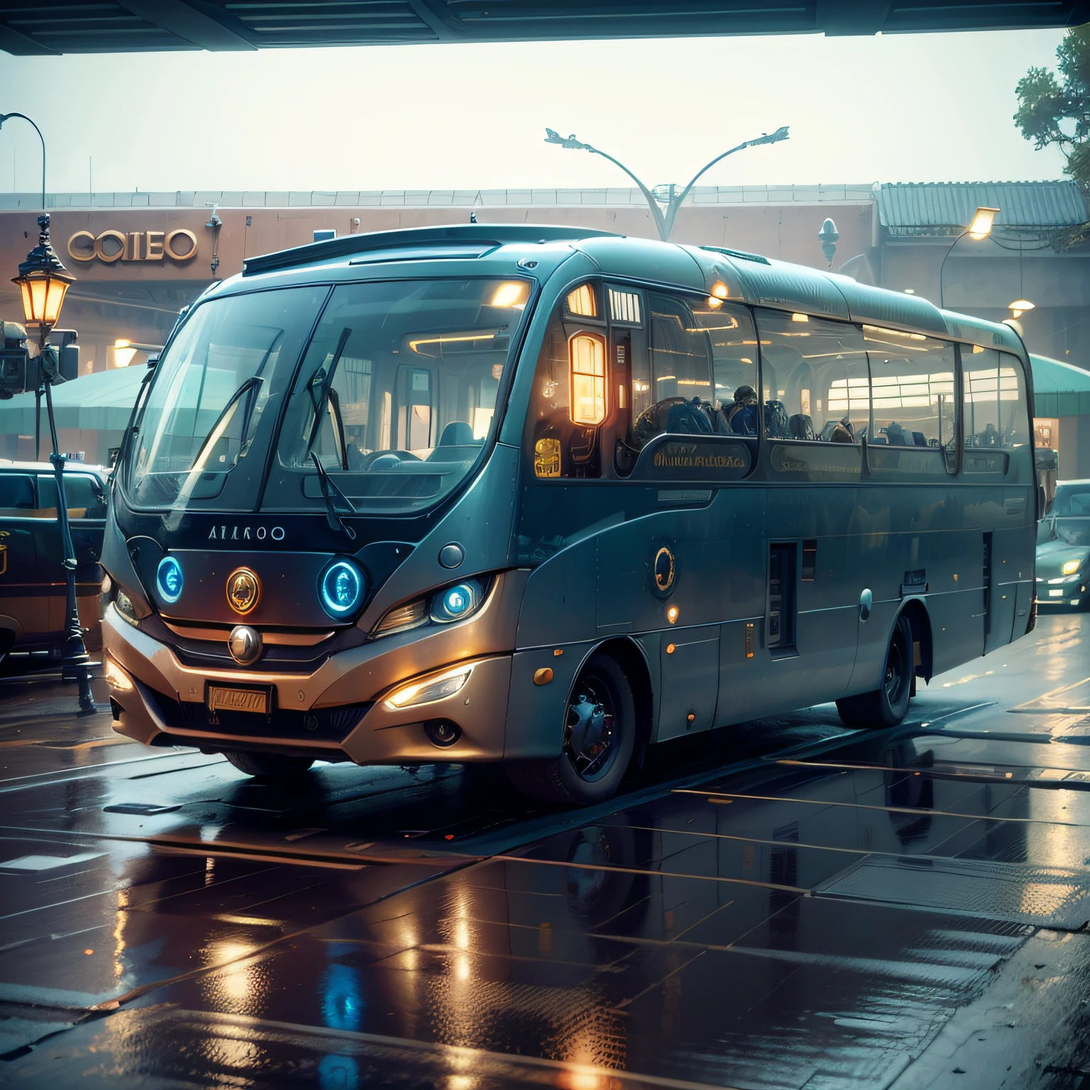 futuristic bus, brancos de fundo, Corpo Steampunk, detalhes intrincados, Magnificent, cinemactic, high resolution, 4k,