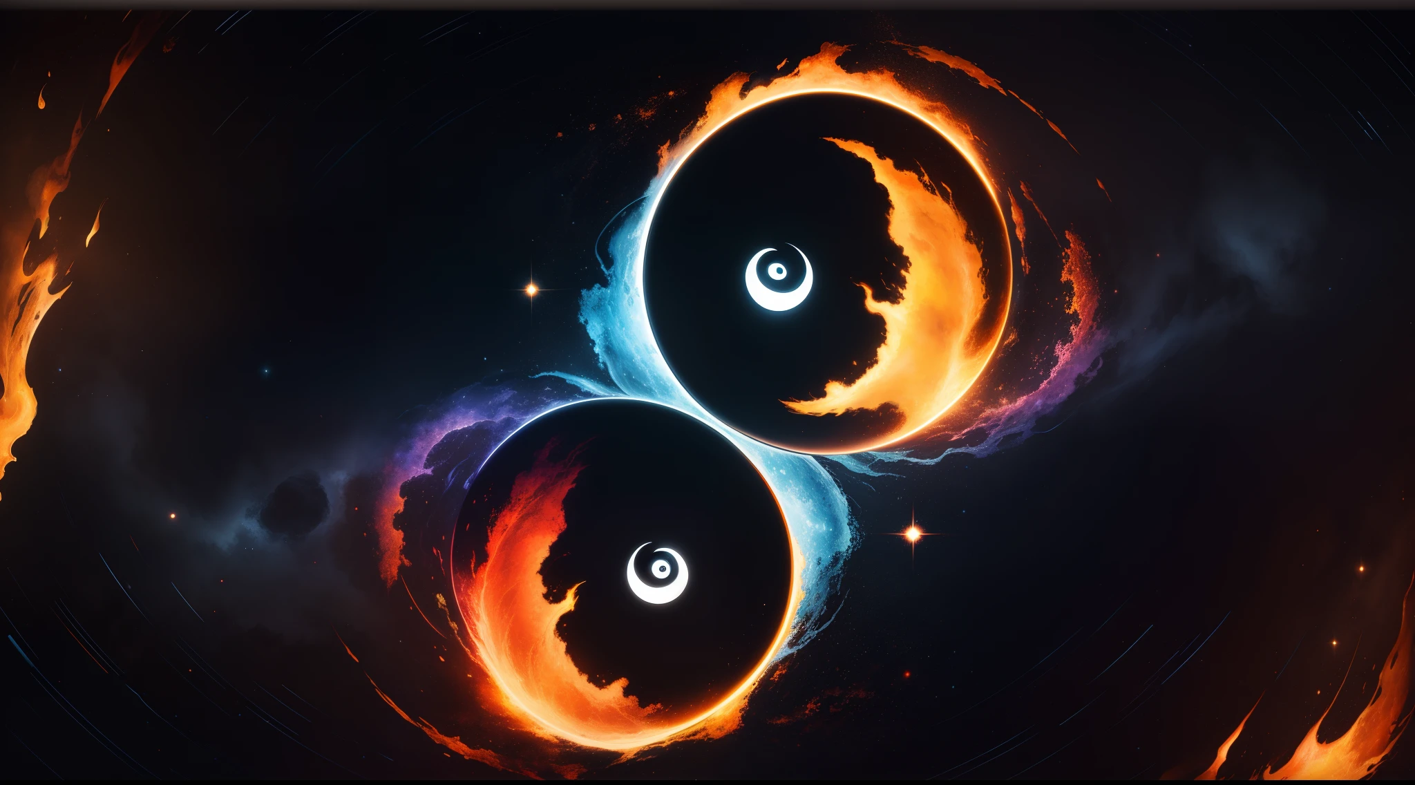an abstract painting using fire and water, estilo yin yang, In addition combining with a background of an incredibly detailed astronomical landscape and with complementary colors, Ultra HD resolution , cores vibrantes