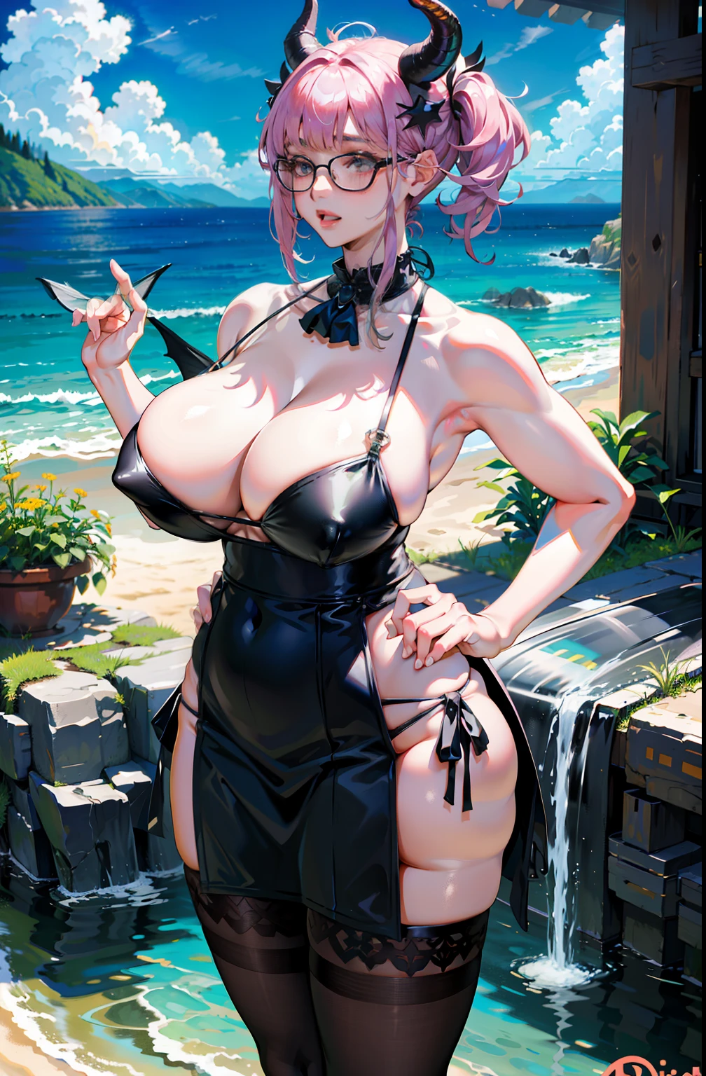 32K,tmasterpiece,Faraway view,((extremely huge )),Collar,three-point style,aprons,Reflective glossy leather,slightly fat big brged buttocks,(best qudetailedbackground,Black girl, terroral, bionicle, succubi,Long horn,coda,water spray,Ass focus,tmasterpiece,Faay view,Two pink bumps,slightly fat big breasts,potbelly,Fat supa-transparent fishing nets,see ough,Inside T,Unoccluded,super breasts