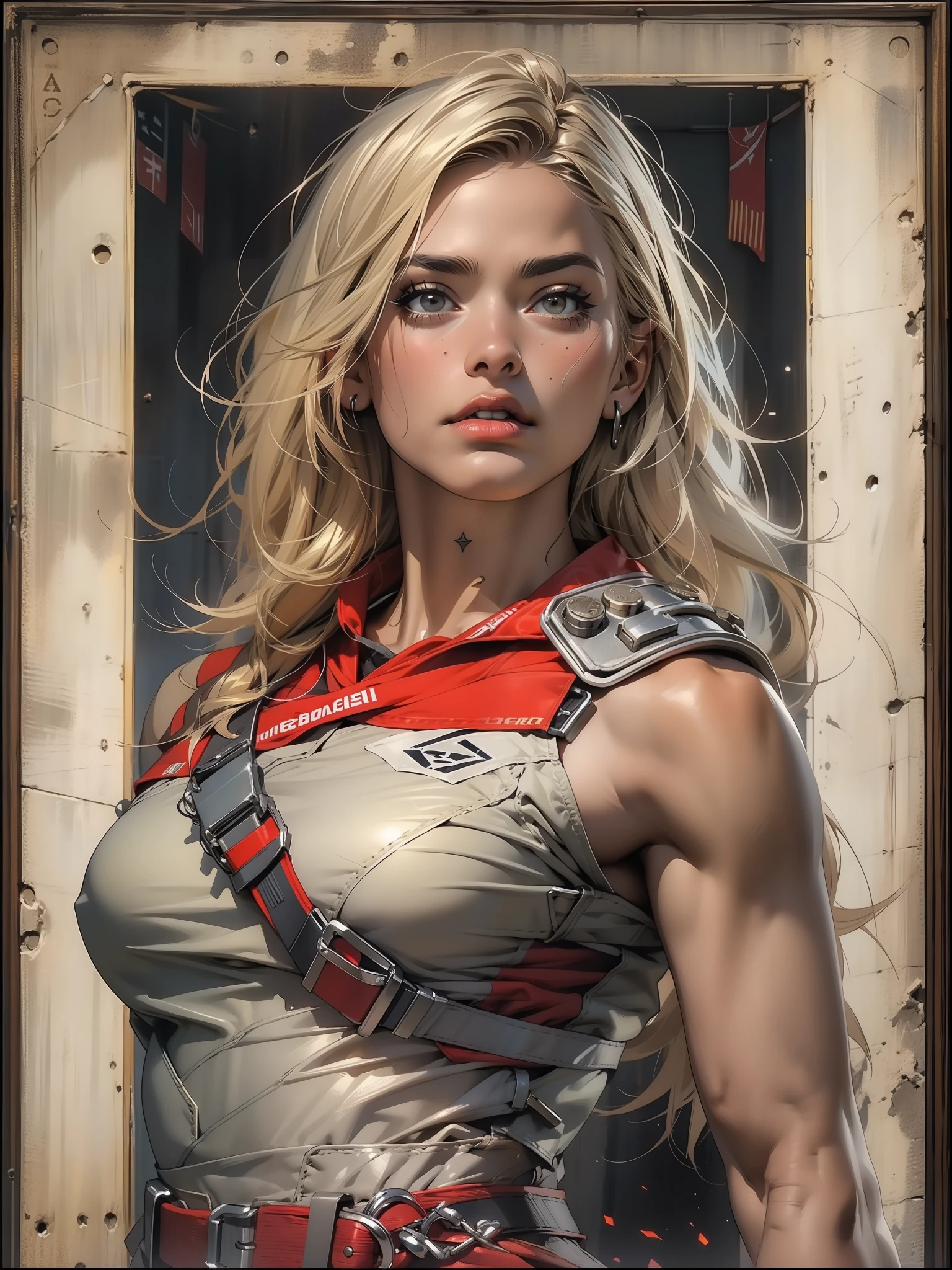 (((female))), (((best quality))), (((master part))), (((adulto))), A 35-year-old warrior woman with perfect body celebrating her victory, Gladiadores do Brooklyn, hand with steel gloves and metal tips, Steel hand protection, sorrindo, (( sob os peitos )), (( Tiny floss )), quase nu no estilo urbano selvagem de Simon Bisley para o 2000 A.d. capa de revista, blonde hair, Minimum clothing, armadura (clothes made from the flag of the Soviet Union ), cheio de pontas e rebites enferrujados, Tatuagem de estrela de 5 pontas, (((corpo inteiro))), cabelo preto curto com franja branca cobrindo a testa