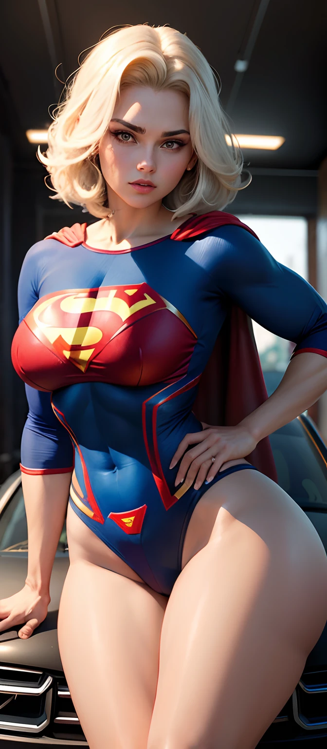crie uma mulher branca, ocidental, cabelos loiro, 21 anos, branca, com cabelos longos loiro, olhos azuis com igamem realistica raw 8k, dentro do carro a noite, se insinuando para a lente, calcinha branca com letra S do superman, volume na calcinha, protuberancia na calcinha, afeminado, transexy, saia curta, prazer, molhada, melada , superman S symbol in the background. Pinup em pose quente.