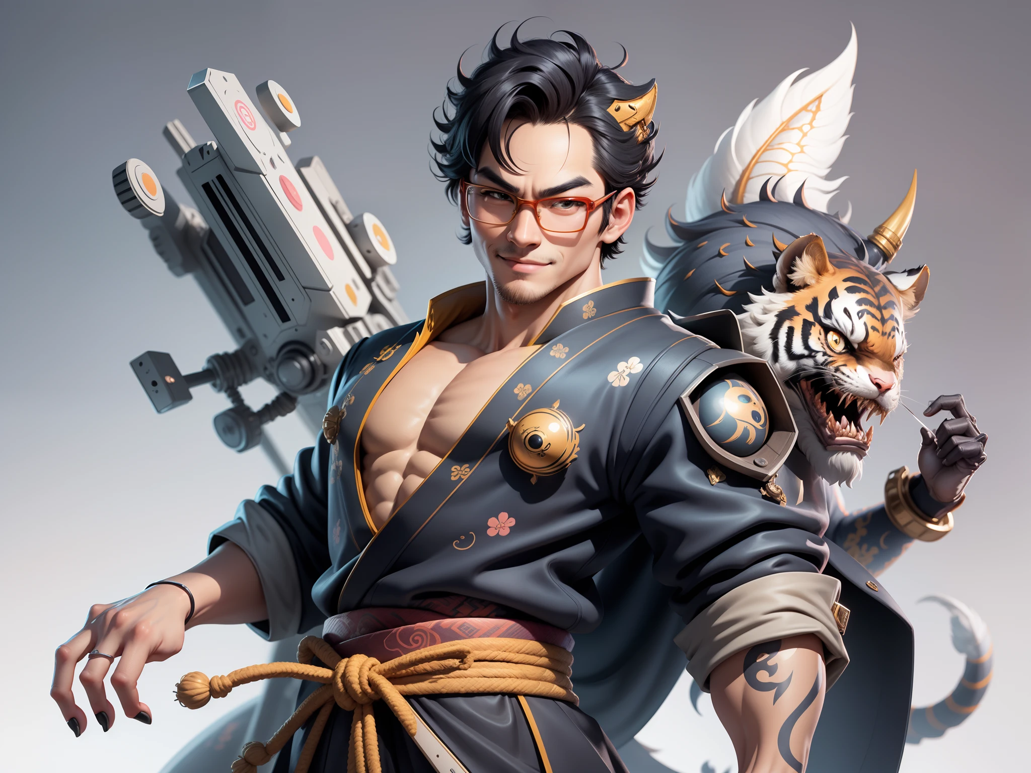 (Masterpiece), (Excellent), (Super Meticulous), (Full Body: 1.2), Super Young Man with Japanese Female Geisha, Pretty, Beautiful, Chinese Dragon, Tiger, Wind God Thor, Sexy, Bursting, Oriental Face, TV Anchor, Bust Portrait Illustration, Black Suit, Blue Tie, Slightly Chubby Face, Silver Glasses, Very Clean Face, No Beard on Chin, Black Super Short Hair, Black Eyes, Confident Smile, 3c Computer Sub-Products, iPad, iPhone, Digital Painting, 3D character design by Mark Clairedon and Pixar and Hayao Miyazaki and Akira Toriyama, the illustrations are HD illustrations in 4K resolution with highly detailed facial features and cartoon-style visuals.