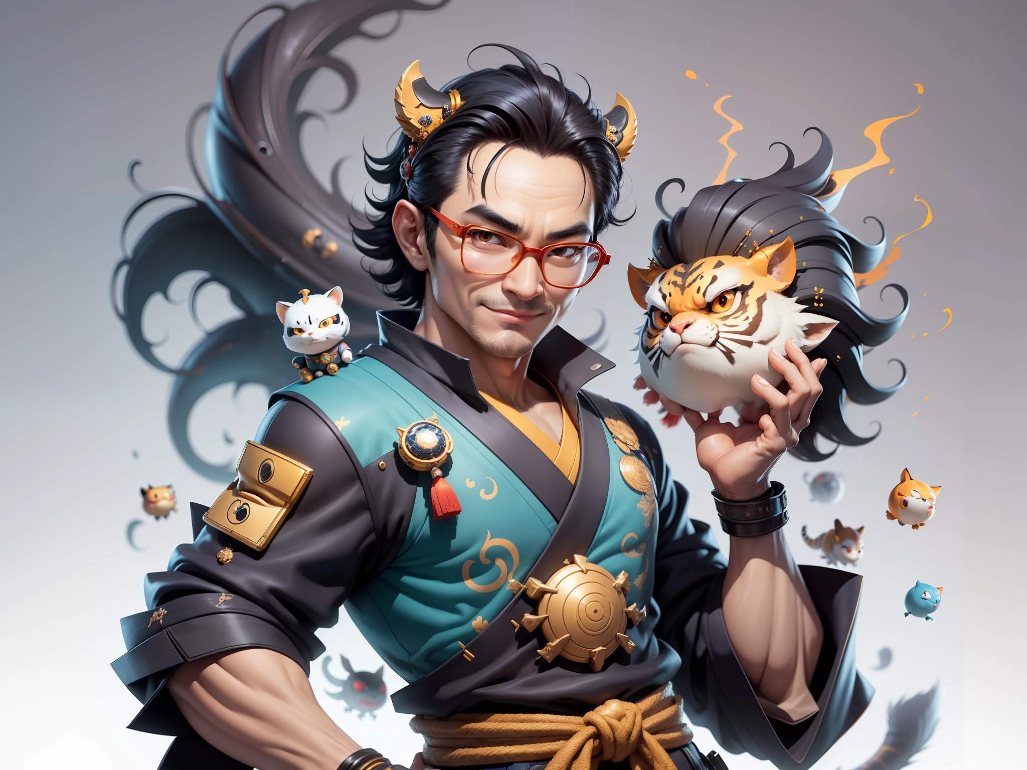 (Masterpiece), (Excellent), (Super Meticulous), (Full Body: 1.2), Super Young Man with Japanese Female Geisha, Pretty, Beautiful, Chinese Dragon, Tiger, Wind God Thor, Sexy, Bursting, Oriental Face, TV Anchor, Bust Portrait Illustration, Black Suit, Blue Tie, Slightly Chubby Face, Silver Glasses, Very Clean Face, No Beard on Chin, Black Super Short Hair, Black Eyes, Confident Smile, 3c Computer Sub-Products, iPad, iPhone, Digital Painting, 3D character design by Mark Clairedon and Pixar and Hayao Miyazaki and Akira Toriyama, the illustrations are HD illustrations in 4K resolution with highly detailed facial features and cartoon-style visuals.