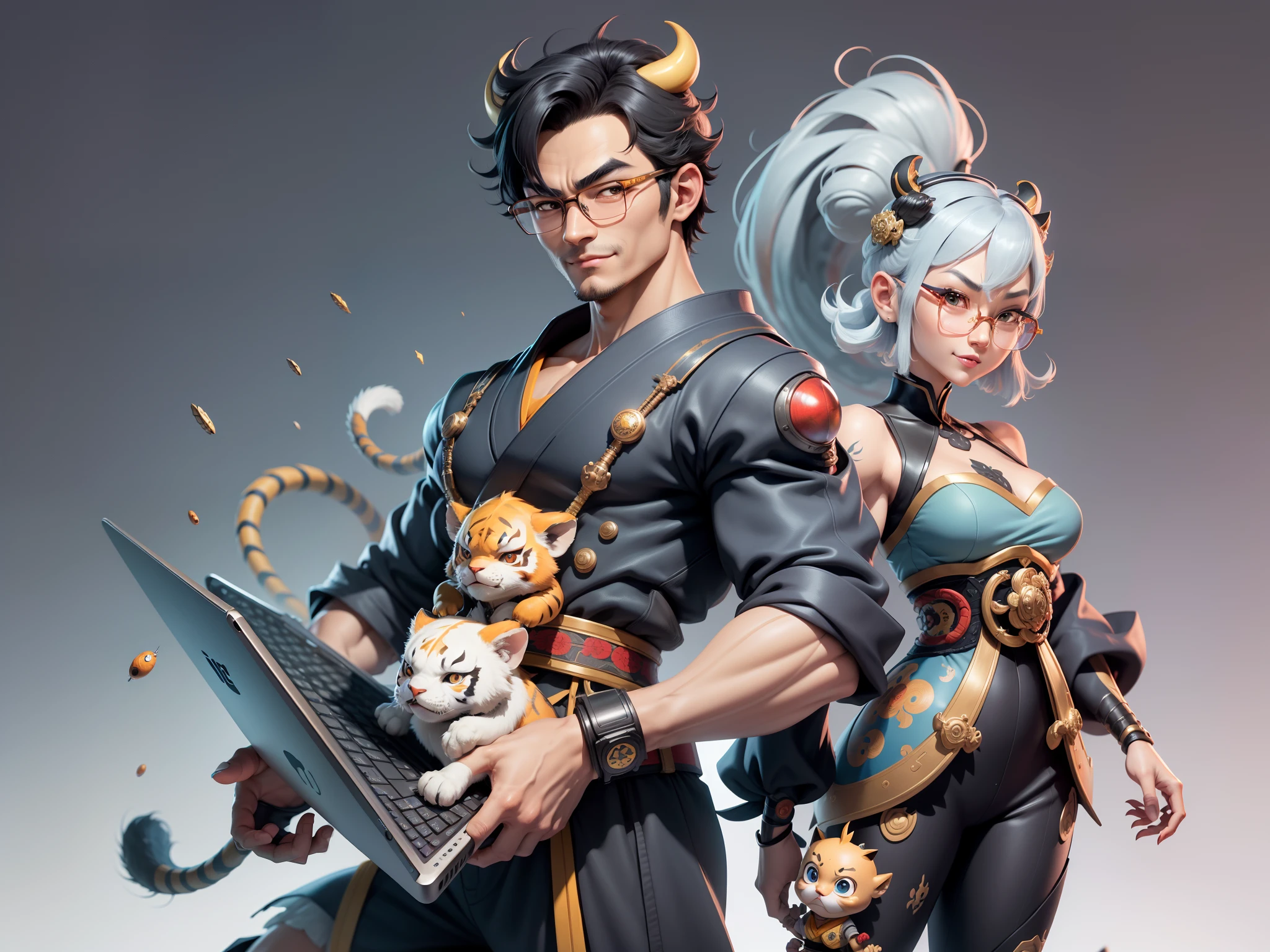 (Masterpiece), (Excellent), (Super Meticulous), (Full Body: 1.2), Super Young Man with Japanese Female Geisha, Pretty, Beautiful, Chinese Dragon, Tiger, Wind God Thor, Sexy, Bursting, Oriental Face, TV Anchor, Bust Portrait Illustration, Black Suit, Blue Tie, Slightly Chubby Face, Silver Glasses, Very Clean Face, No Beard on Chin, Black Super Short Hair, Black Eyes, Confident Smile, 3c Computer Sub-Products, iPad, iPhone, Digital Painting, 3D character design by Mark Clairedon and Pixar and Hayao Miyazaki and Akira Toriyama, the illustrations are HD illustrations in 4K resolution with highly detailed facial features and cartoon-style visuals.