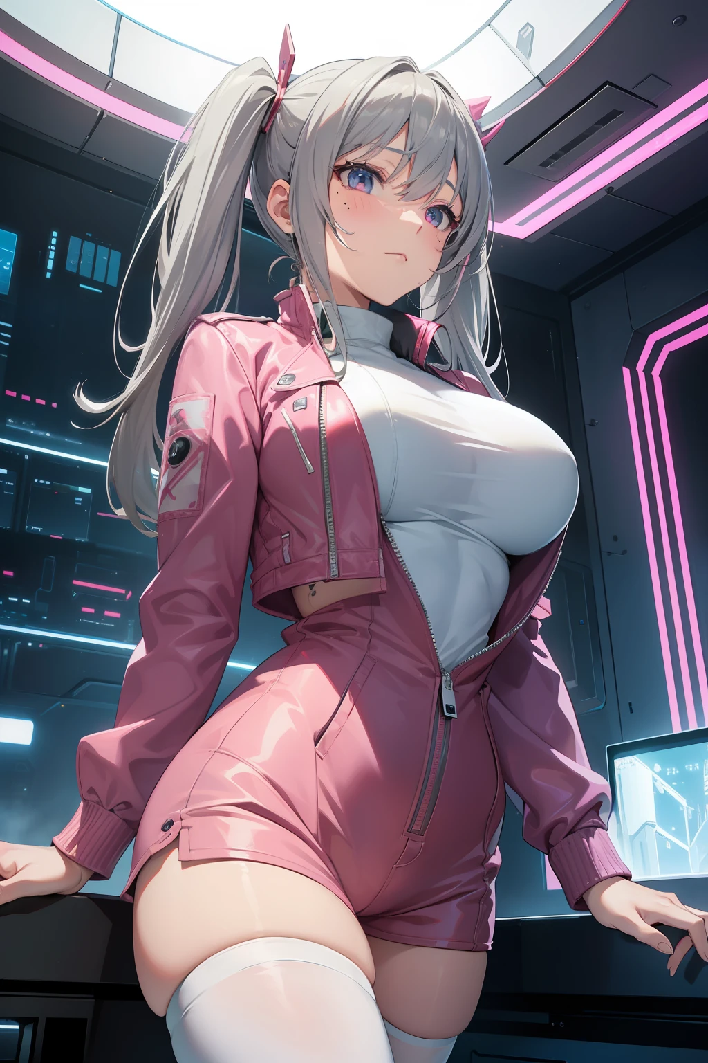 Top quality, ultra high resolution, (photorealistic: 1.4), jumpsuit, sci-fi spaceship interior background, airy sci-fi shining like fog, 8K, CGI, anime wife, Guweiz, circuit plate mail, from below, moles under the eyes, pink earphones, big breasts, back arms, realistic world, outdoors, pink leather jacket, closed mouth, uneven twin tails, gray hair, pink thighs, naughty face,