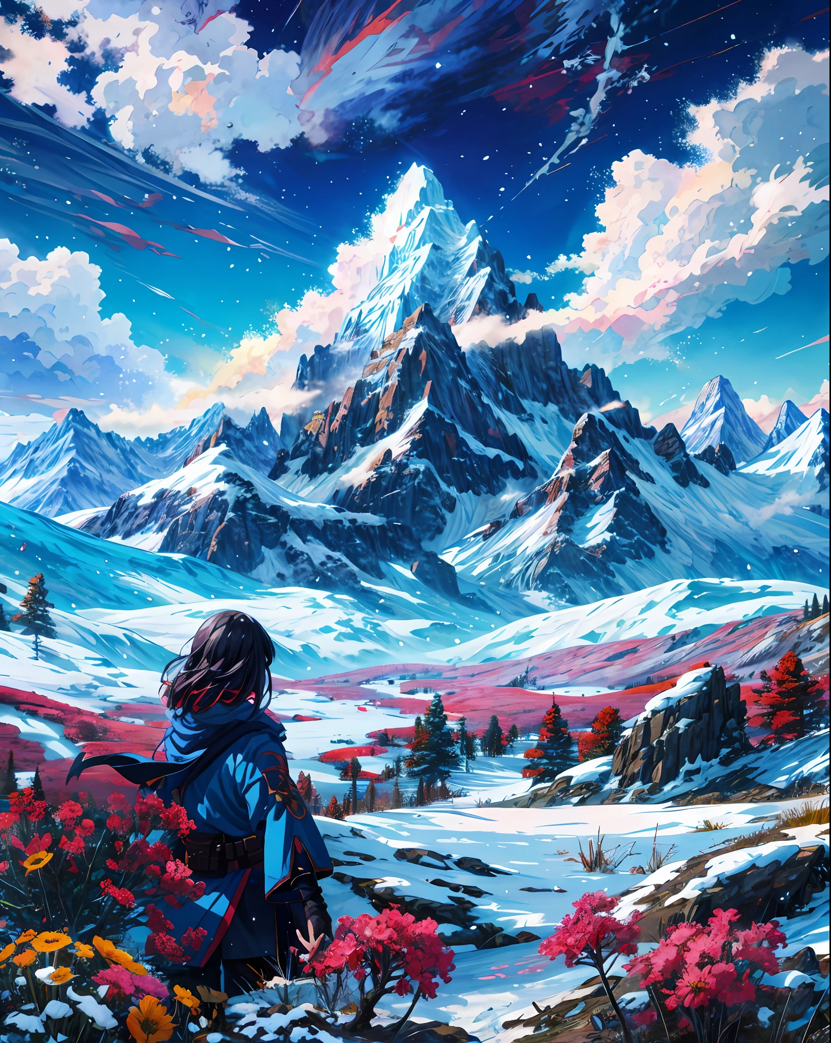 mountains and flowers in the foreground with a blue sky, majestic mountains, epic mountains, 4k highly detailed digital art, anime landscape, beautiful mountains, beautiful mountains behind, snowy mountains, anime nature, 8k high quality detailed art, detailed scenery, snowy mountain, epic beautiful landscape, anime landscape wallpaper, with a snowy mountain and ice, scenery art detailed