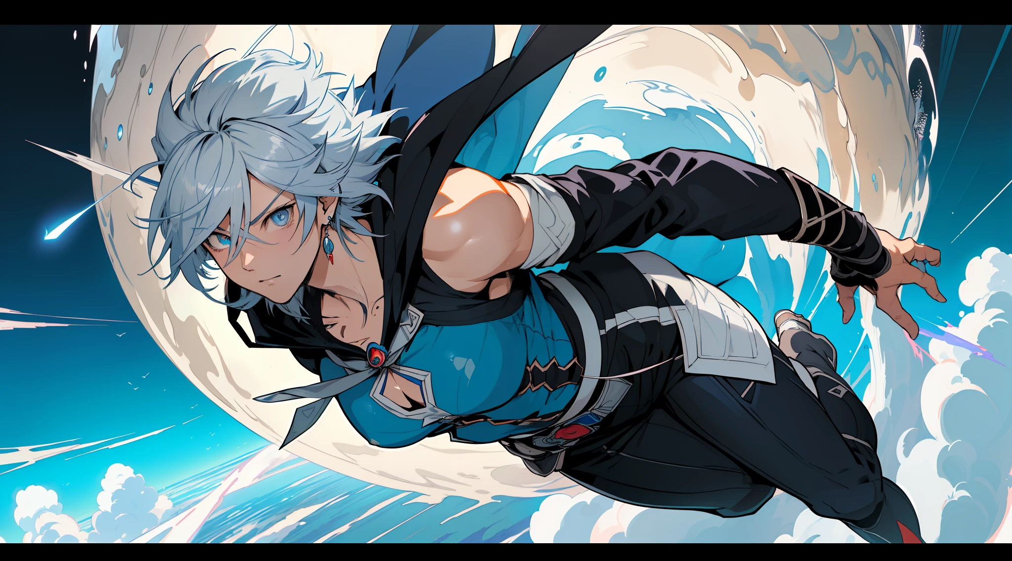 (anime) . ((Woman (Sakuya Izayoi), she flies in the air, she flies in the clouds, she flies in the air lying in the clouds like a superman, dressed in blue, short spiky hair, silver hair, deep blue eyes , short hair , serious, cape, assassin hood, master of time, is a 1900s assassin's creed, use time magic)) . (Masterpiece: 1.8), (64k quality), (final fantasy artwork concept), detailed (manga eyes + hair + clothes + body + face + colors + shoulders + eyes (globular + transparent + liquid) + (sharper drawings) + (shiny jewelry) + (clothes folds) + (rounded eyes) + (consistent clothes) + (clothing features) + (eyes line), better (colorful + (coarser line) + (black line) + finishing . [Drawing] (Anime (Manga (Comics))) + (Coarse Line: 1.8) + (Black Line: 1.8) + (Color: 1.8) + (Clean: 1.8) + (Contrast: 1.8) + (Black Outline: 1.8) + (adjusted colors: 1.8) + (shadow set: 1.8) + (manga eyes: 1.8) + ((muscle: 1.8)), ((made homogeneous: 1.3))