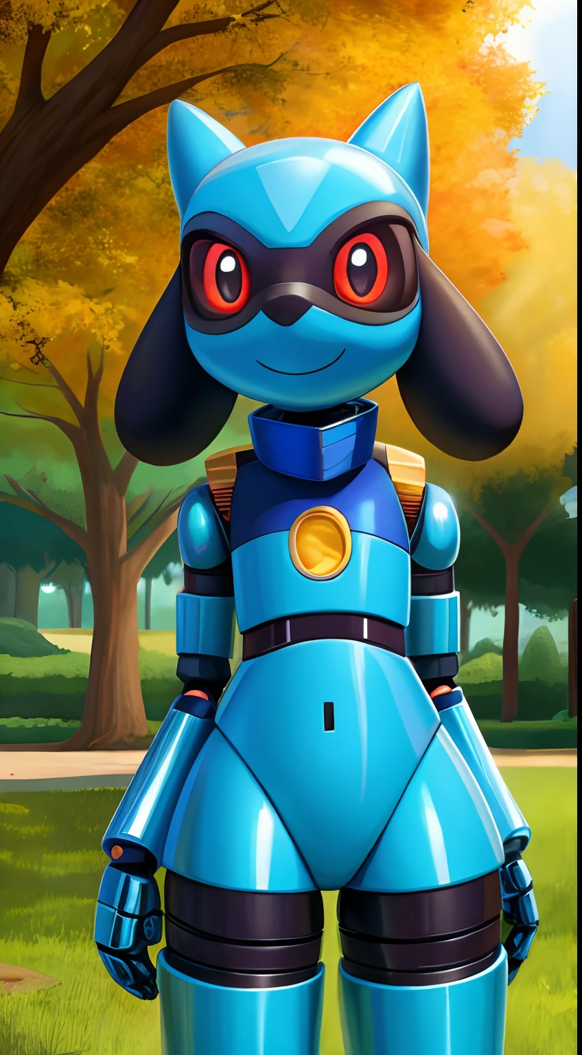Riolu ,obra maestra,mejor calidad,estilo de arte del the minuscule task ,robot maquina,metalico,shiny skin,metallic, mechanical,pokemon,cute pose,cheerful, smile,black sclera, shiny eyes, shiny skin,feral, femenine,park,robot face,,vagina,small boobs,