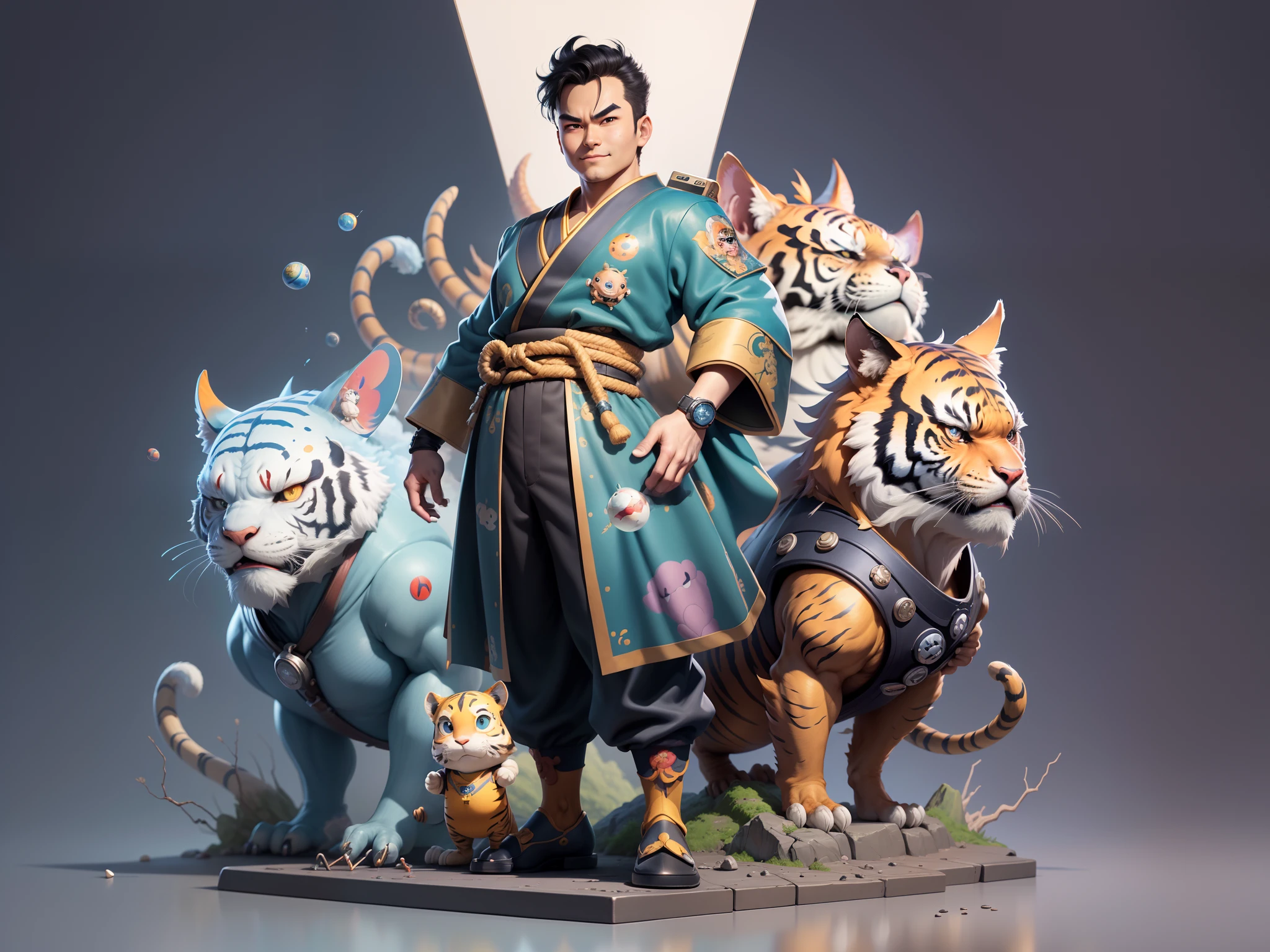(Masterpiece), (Excellent), (Super Meticulous), (Full Body: 1.2), Super Young Man, Oriental Face, Japanese Kimono, Japanese Wind Thunder God, Dragon, Tiger, TV Anchor, Bust Portrait Illustration, Alone, Black Suit, Blue Tie, Slightly Chubby Face, Very Clean Face, No Beard, Black Super Short Hair, Black Eyes, Confident Smile, 3c Computer Sub-Products, iPad, iPhone, Digital Painting, 3D Character Design by Akira Toriyama and Mark Claireden and Pixar and Hayao Miyazaki, The illustration is a high-definition illustration in 4K resolution with very detailed facial features and cartoon-style visuals.