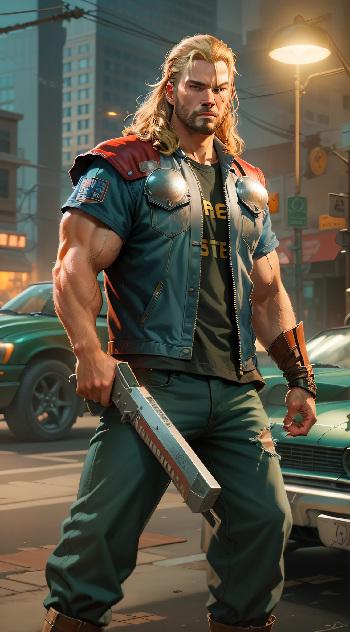 [Thor] "in Grand Theft Auto-style loading screens, GTA-style art, highly detailed and realistic, digital painting style, GTA-style digital illustration, studio lighting
