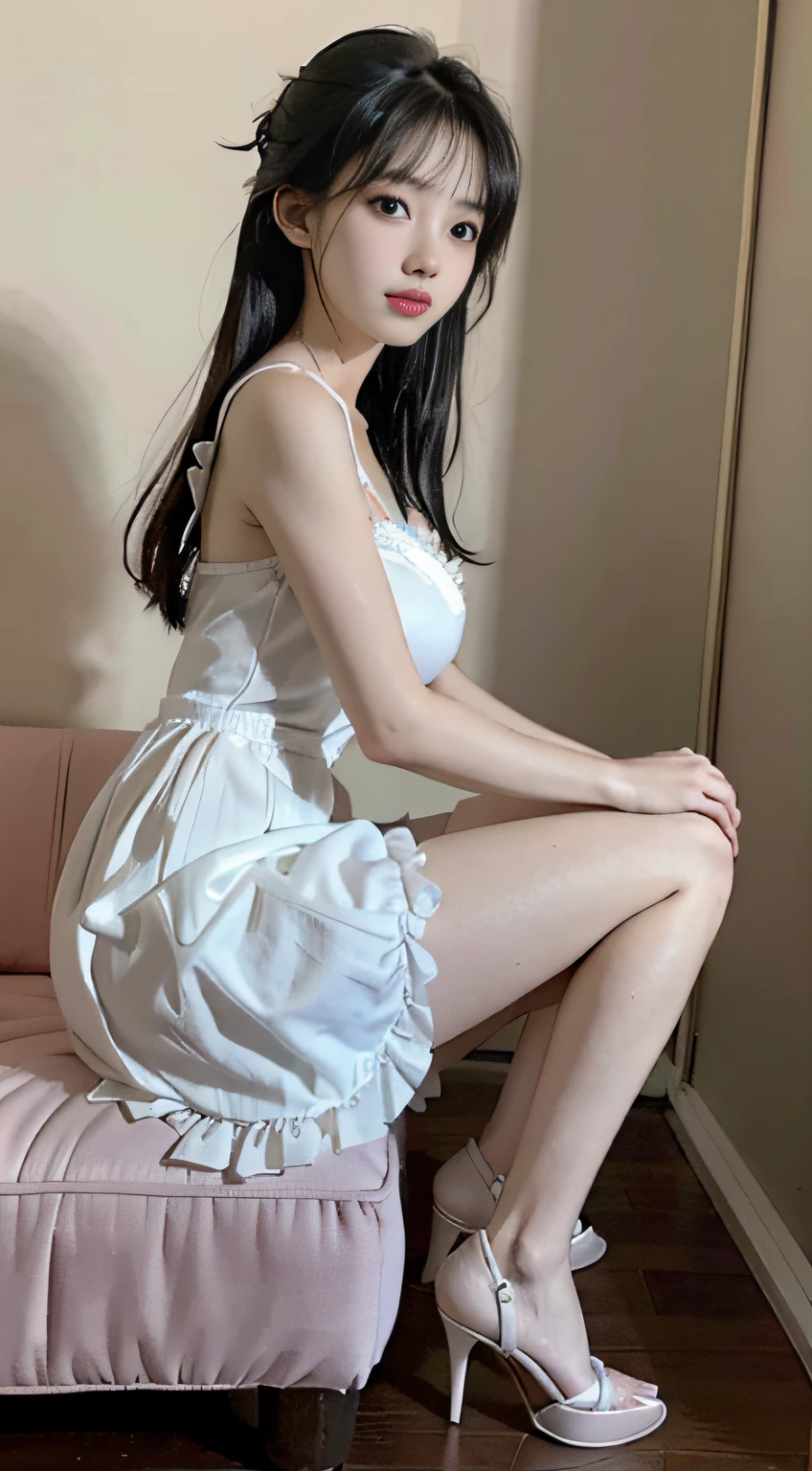 Master quality, highest quality, best picture quality, exaggerated details, goddess of moonlight cute 8 year old asian with a shy expression, slightly squinted eyes, adjusting her hair, long eyelashes (long hair / very, very exaggerated big breasts, big tits / in petticoat dress tissue, ), posing sit in front of the camera, wet breast hanfu open v chest clothes, full body xianxia, high heel diamond, erotic, lolita , oume