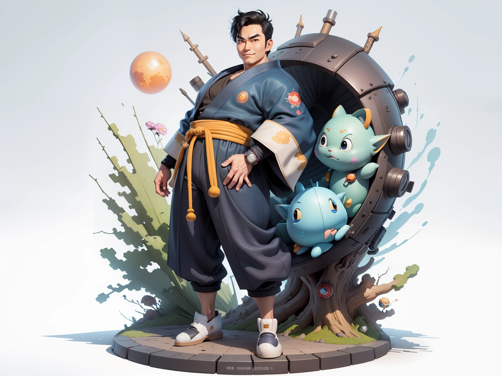 (Masterpiece), (Excellent), (Super Meticulous), (Full Body: 1.2), Super Young Man, Oriental Face, Japanese Kimono, Japanese Wind Thunder God, Dragon, Tiger, TV Anchor, Bust Portrait Illustration, Alone, Black Suit, Blue Tie, Slightly Chubby Face, Very Clean Face, No Beard, Black Super Short Hair, Black Eyes, Confident Smile, 3c Computer Sub-Products, iPad, iPhone, Digital Painting, 3D Character Design by Akira Toriyama and Mark Claireden and Pixar and Hayao Miyazaki, The illustration is a high-definition illustration in 4K resolution with very detailed facial features and cartoon-style visuals.