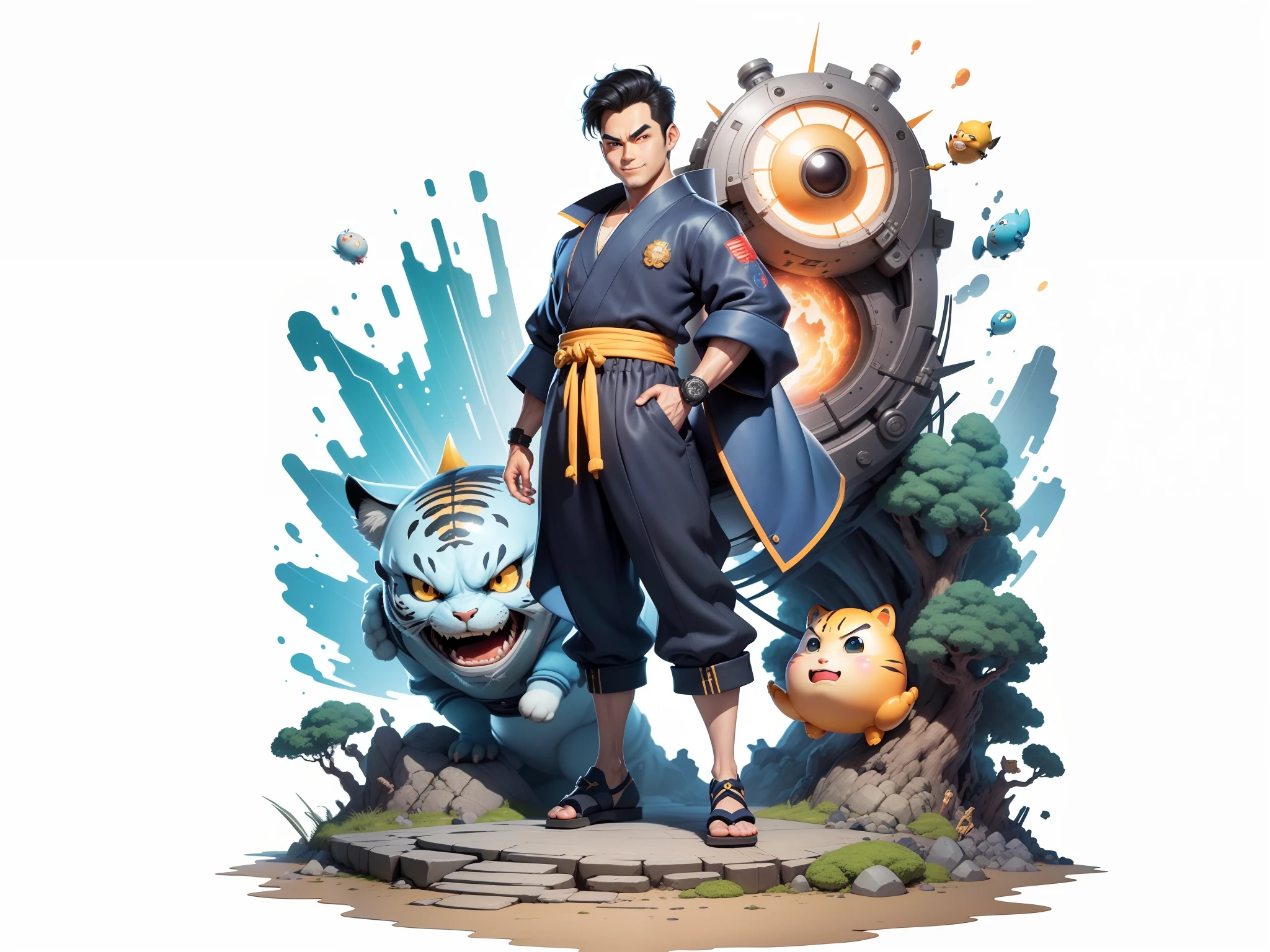(Masterpiece), (Excellent), (Super Meticulous), (Full Body: 1.2), Super Young Man, Oriental Face, Japanese Kimono, Japanese Wind Thunder God, Dragon, Tiger, TV Anchor, Bust Portrait Illustration, Alone, Black Suit, Blue Tie, Slightly Chubby Face, Very Clean Face, No Beard, Black Super Short Hair, Black Eyes, Confident Smile, 3c Computer Sub-Products, iPad, iPhone, Digital Painting, 3D Character Design by Akira Toriyama and Mark Claireden and Pixar and Hayao Miyazaki, The illustration is a high-definition illustration in 4K resolution with very detailed facial features and cartoon-style visuals.