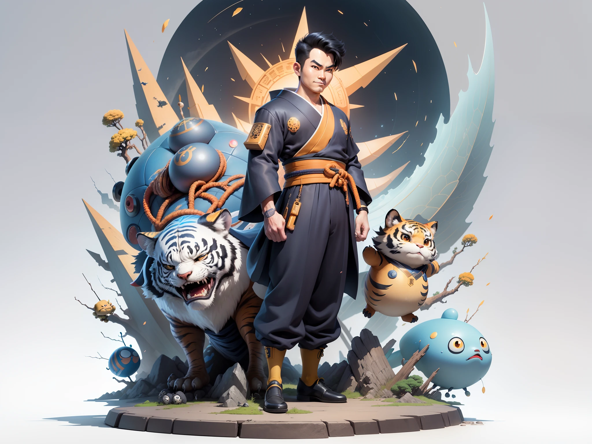 (Masterpiece), (Excellent), (Super Meticulous), (Full Body: 1.2), Super Young Man, Oriental Face, Japanese Kimono, Japanese Wind Thunder God, Dragon, Tiger, TV Anchor, Bust Portrait Illustration, Alone, Black Suit, Blue Tie, Slightly Chubby Face, Very Clean Face, No Beard, Black Super Short Hair, Black Eyes, Confident Smile, 3c Computer Sub-Products, iPad, iPhone, Digital Painting, 3D Character Design by Akira Toriyama and Mark Claireden and Pixar and Hayao Miyazaki, The illustration is a high-definition illustration in 4K resolution with very detailed facial features and cartoon-style visuals.