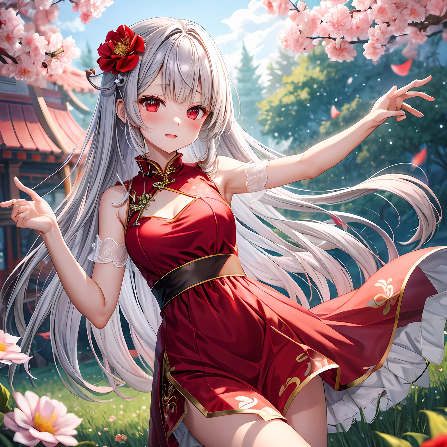 silber hair、red eyes、One pretty girl、独奏、animesque、flower field、red blush、qipao dress、Underwear is slightly visible
