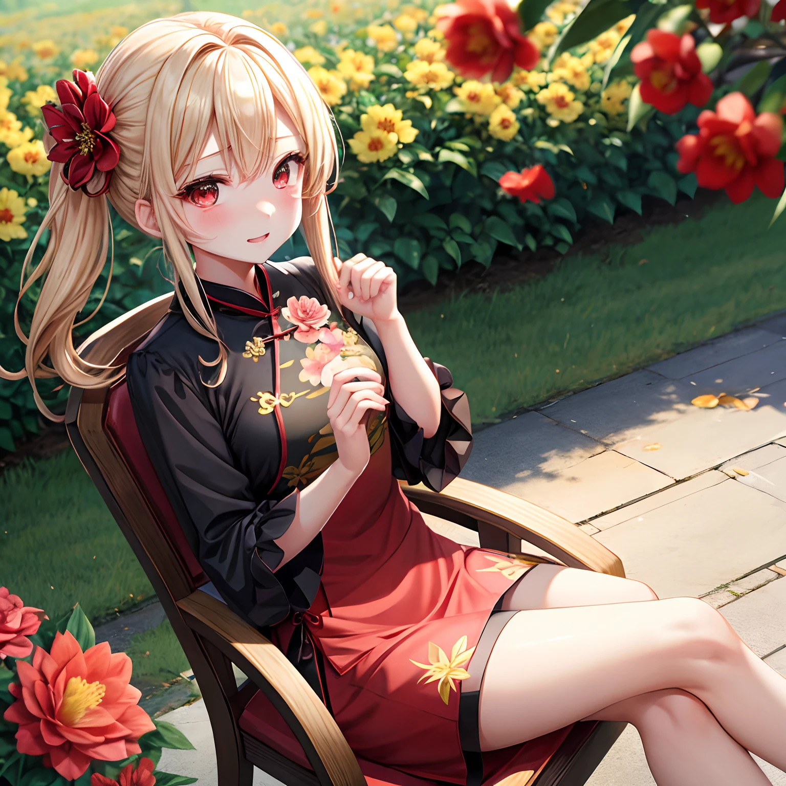 a blond、red eyes、One pretty girl、独奏、animesque、flower  field、red blush、Black cheongsam、Sitting on a chair、Underwear is slightly visible