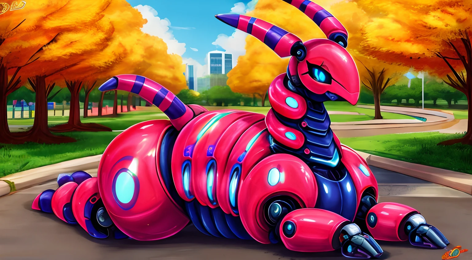 Scolipede ,obra maestra,mejor calidad,estilo de arte de dimwitdog ,robot maquina,metalico,shiny skin,metallic, mechanical,pokemon,cute pose,cheerful, smile,black sclera, blue eyes, shiny skin,feral, femenine,park,robot face,nsfw,sexy, thicc,big boobs,big ass,chubby,vagina,ano,pussy focus