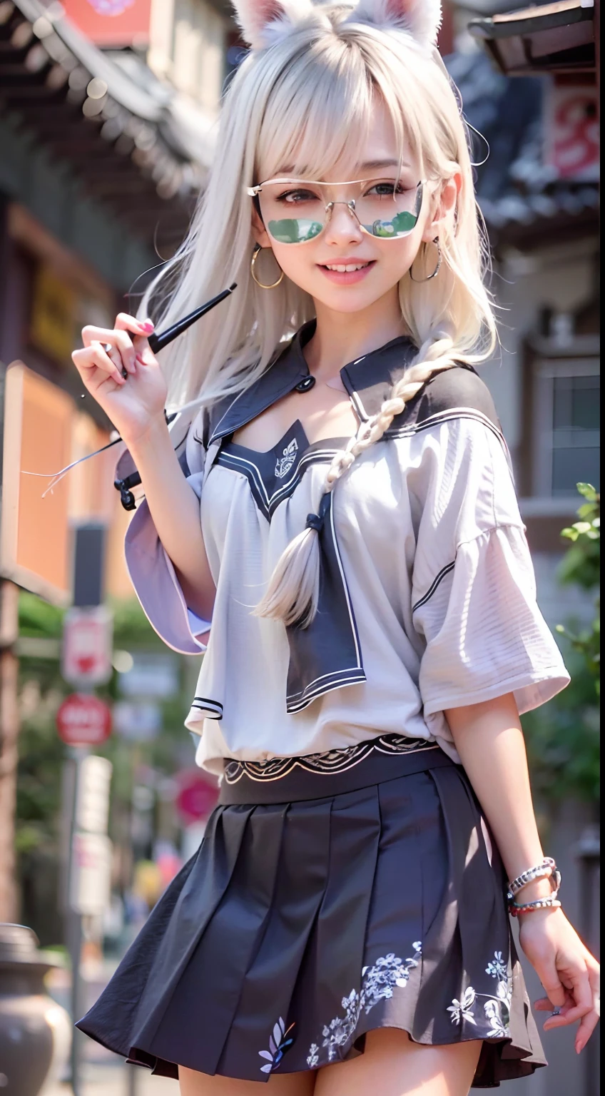 {{{masterpiece}}}, {{{best quality}}}, {{ultra-detailed}}, {illustration}, {{an extremely delicate and beautiful}},
(Best quality, 8k, 32k, Masterpiece, UHD:1.2),Photo of Pretty Japanese woman, top quality, , best quality, realistic, unity, 8k wallpaper, official art, extremely detailed wallpaper,1girl,((boyish)),13yo, beautiful teeth,solo,gal,dark skin,very absurdly long hair,(Updo Braid hair:1.5),(white hair:1.5),misaligned ,(sweaty skin:1.2),glasses,earrings,Jacket,(blunt bangs:1.2),looking at viewer, (smile:1.5),(high detailed skin),realistic body,((stoop)),( small breasts),(nipples:1.3), cute girl, famous japanese idol,(downblouse),loose t-shirt,loose skart,(low view),(wide view),(China dress:1.2),(skirt lift by myself:1.4),(panties shot:1.2),(show off panties:1.5)
leaning forward,,