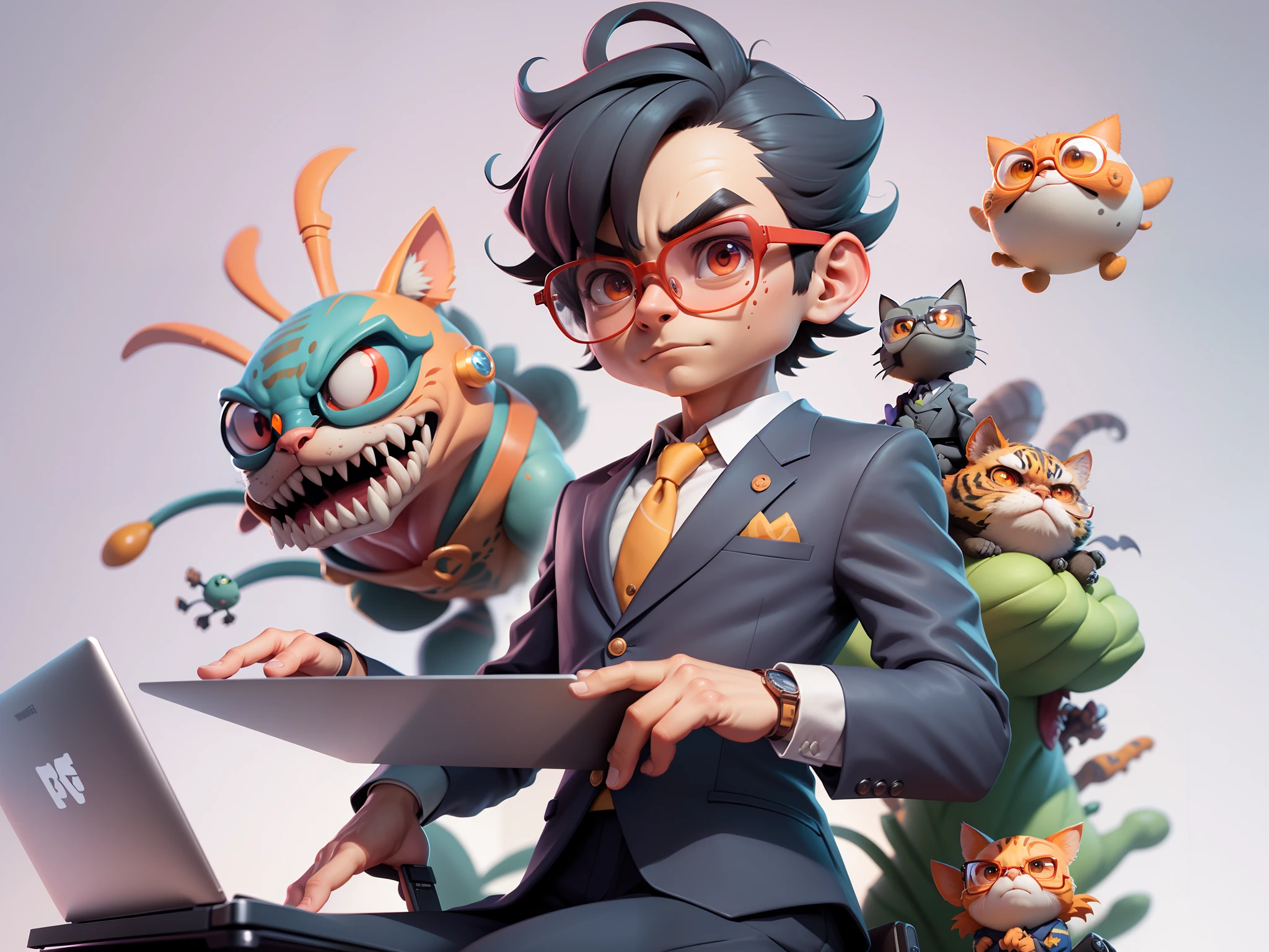 A young man in a suit, Short hair and glasses sat at his desk,holding laptop,digitial painting,tigre,3D character design by Mark Clairen and Pixar and Hayao Miyazaki and Akira Toriyama,4K HD illustration,Very detailed facial features and cartoon-style visuals。
