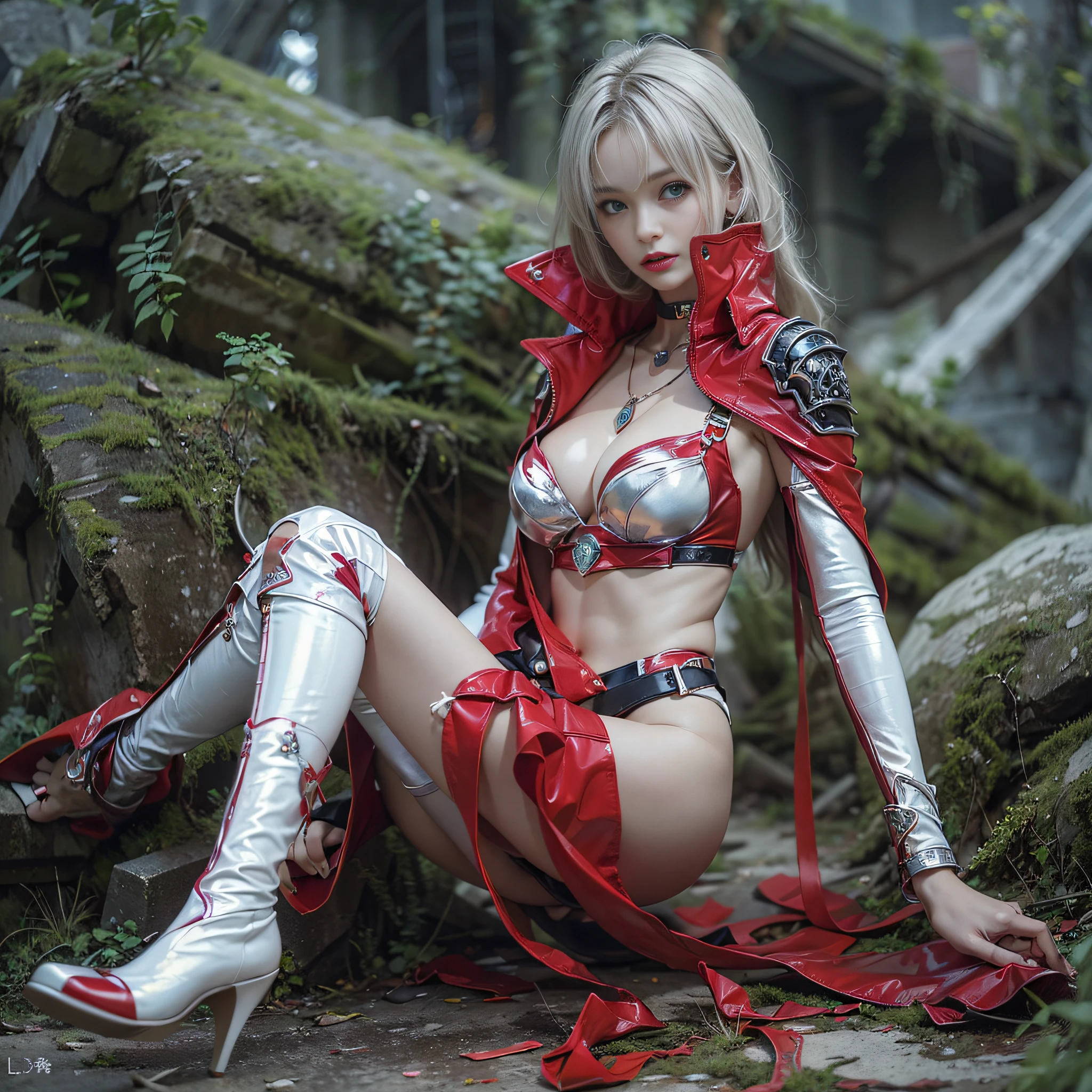 ((masterpiece:1.4)、(top-quality:1.4)、(reallistic:1.7))、Space Warrior、Beauty Warrior、Sexy Daughter、1girl in、latex shiny、Latex bodysuit、By Luis Royo、age19、Super Ultra Ultra Bikini、Looking Back Beauty、Outstanding style、Slender Abs、beauty legs、Beautiful ass、A detailed eye、beautidful eyes、Raw photo、red-lips、Red boots、a choker、a necklace、耳Nipple Ring、Combat in the ruins of an ancient city of the planet