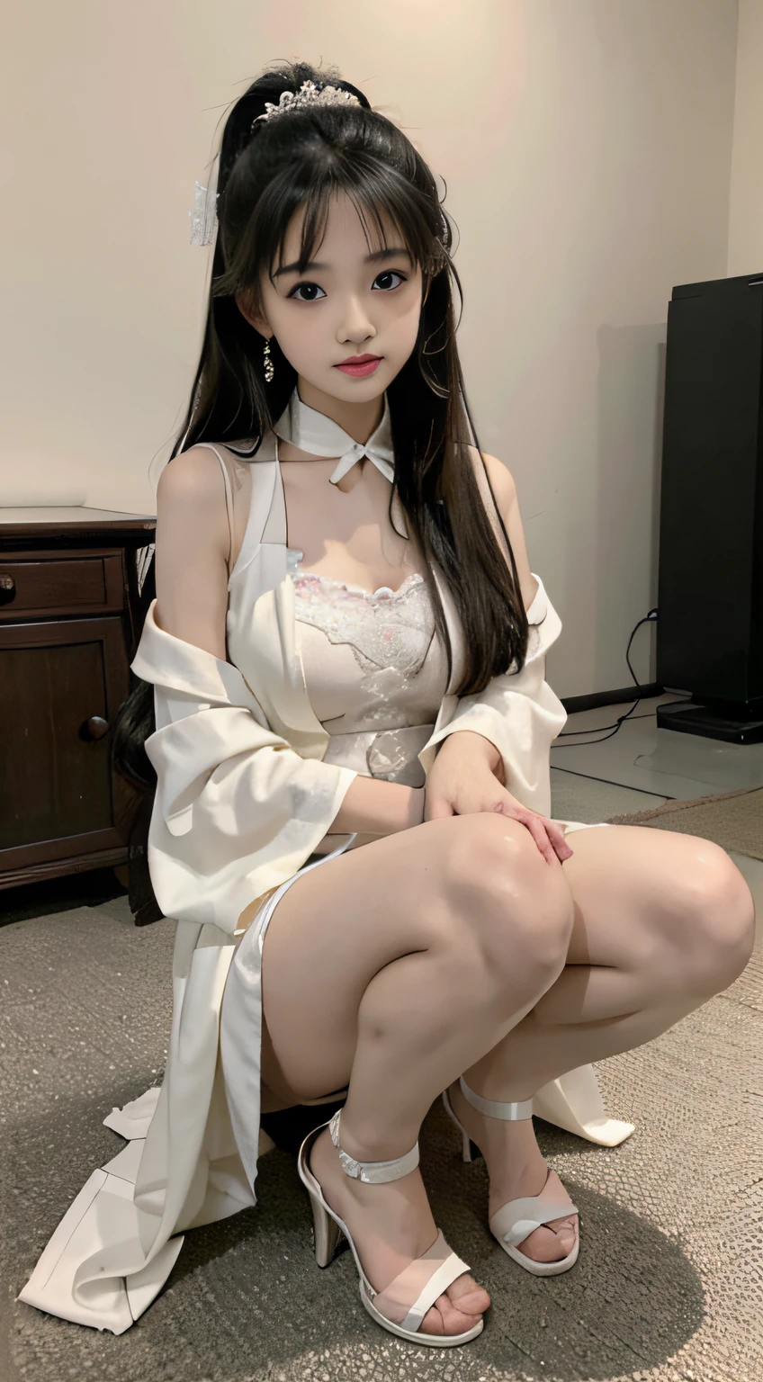Master quality, highest quality, best picture quality, exaggerated details, goddess of moonlight cute 8 asian little gth a shy expression, slightly squinted eyes, adjusting her hair, long eyelashes (long hair / very, very exaggerated big breasts, big tits / in petticoat dress tissue, ), posing sit in front of the camera, wet breast hanfu open v chest clothes, full body xianxia, high heel diamond, erotic, lolita , out home
