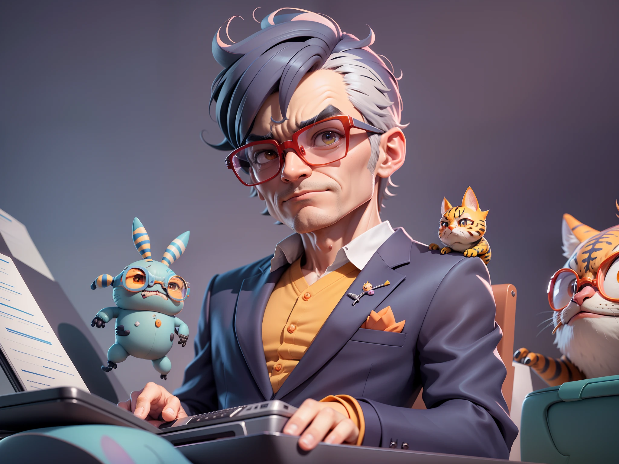 A young man in a suit, Short hair and glasses sat at his desk,holding laptop,digitial painting,tigre,3D character design by Mark Clairen and Pixar and Hayao Miyazaki and Akira Toriyama,4K HD illustration,Very detailed facial features and cartoon-style visuals。